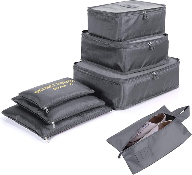 7 Sets Packing Cubes Laundry Bag Luggage Compression Pouches (2Grey)