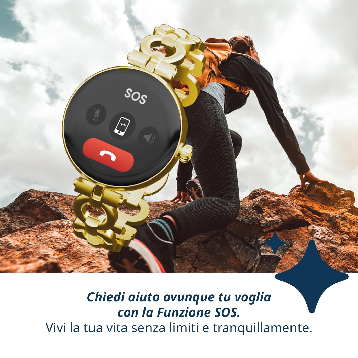 TECHMADE Smartwatch Niah Lyra per donne, orologio digitale gioiello, schermo AMOLED, chiamate, notifiche, funzione SOS, sport, cardiofequenzimetro, Spo2, BP, comp con IOS e android (GOLD)