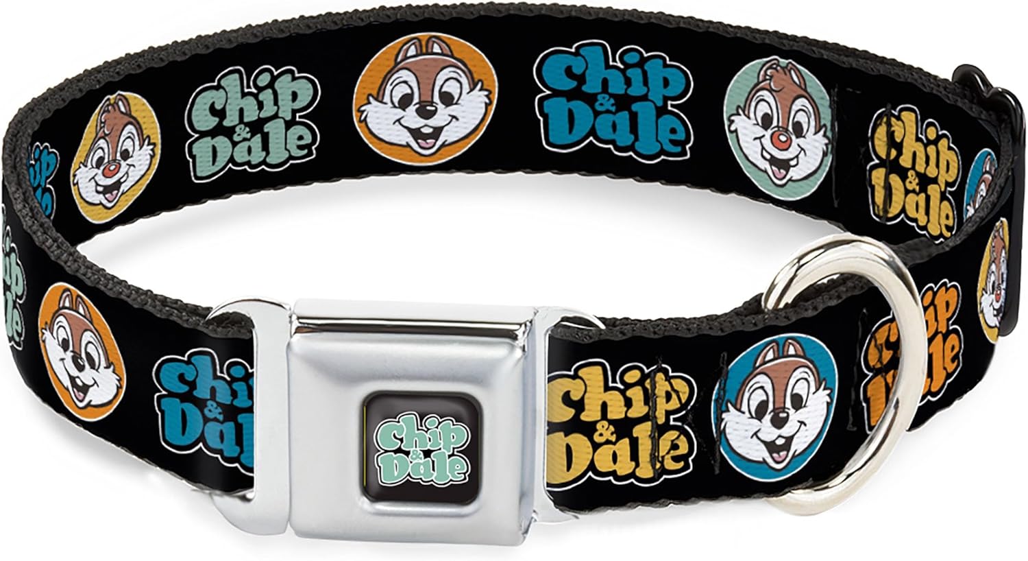 Disney Pet Collar, Dog Collar Metal Seatbelt Buckle, Chip and Dale Expression Bubbles Black Multi Color, 15 to 24 Inches 1.0 Inch Wide