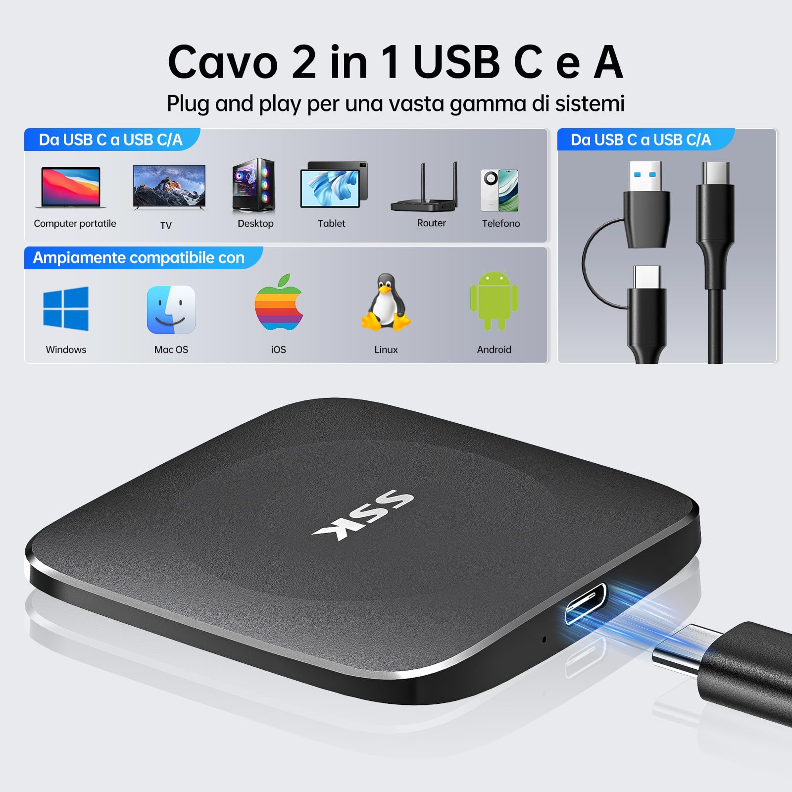 SSD Portatile Universale Per PC E Smartphone SSK 1TB USB Drive,External ...