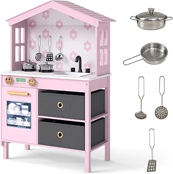 Costzon Kids Play Kitchen, Little Chef Montessori Cooking Toy Playset w/ 2 Stoves, Rotation Knobs, Faucet, Sink, Dishwasher, 2 Drawers & Cabinet, Wooden Kitchen Playset for Girls Boys Aged 3+ Pink