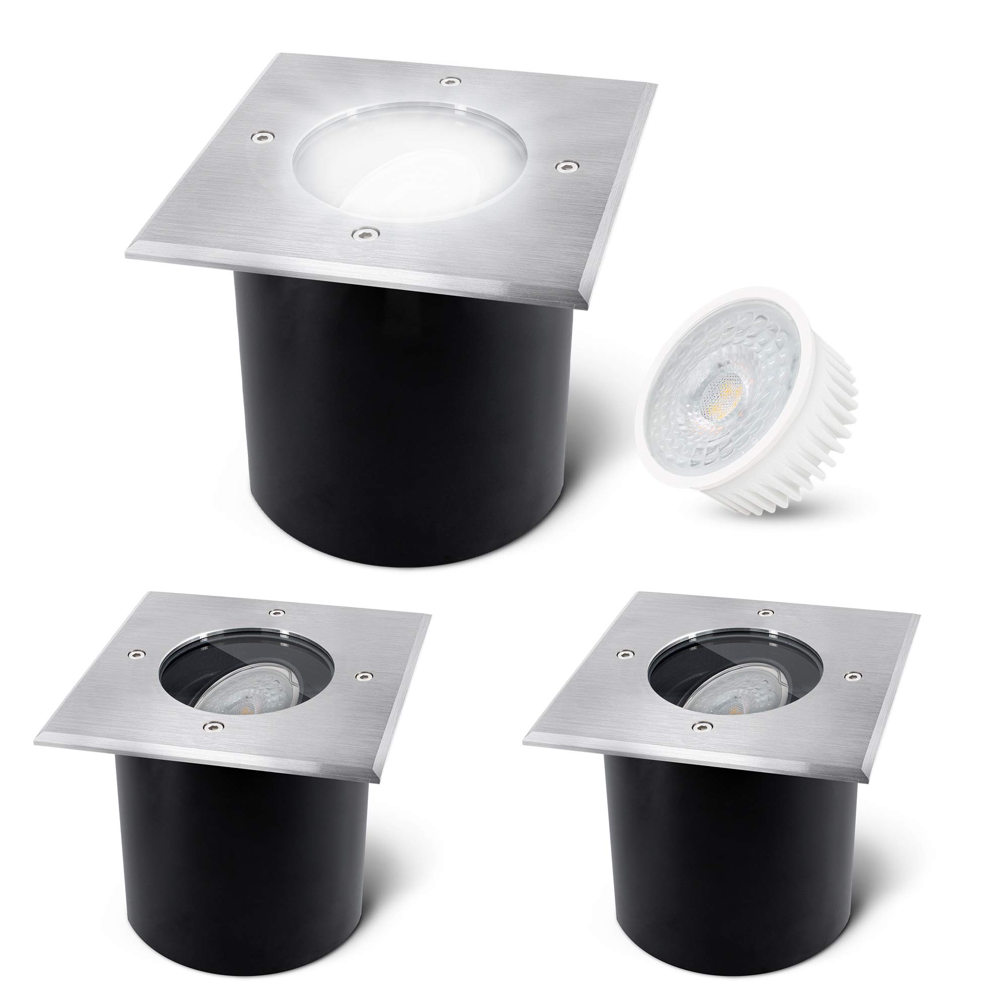 SSC-LUXon 3er Set JADINA Outdoor Bodenstrahler schwenkbar flach mit LED Lampe 4W 230V neutralweiß - Spot IP67 befahrbar eckig