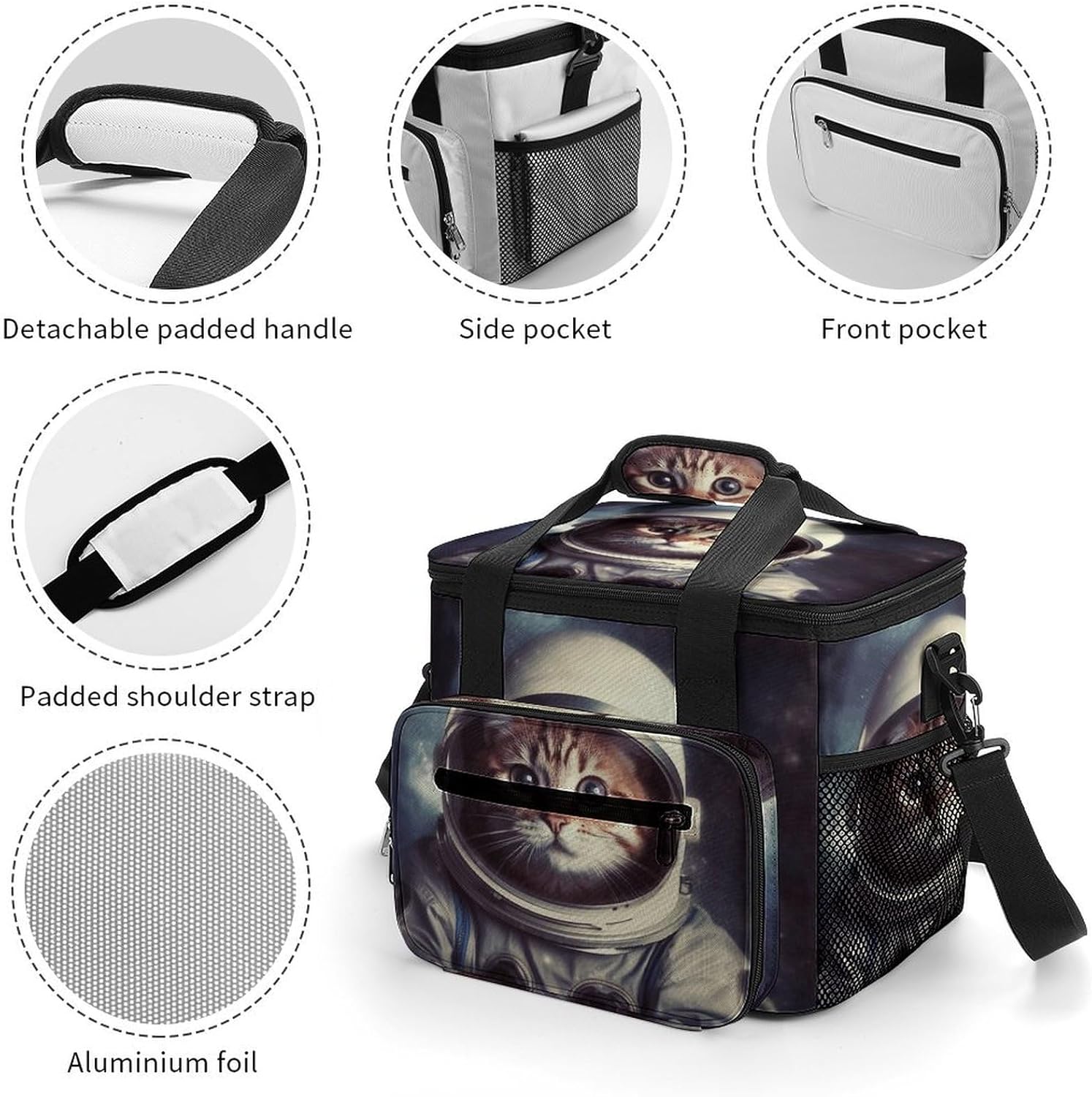 Camping Ice Pack, Animal Cat Astronaut Print Cooler Bag, 22.5L Large Capacity Insulated Lunch Tote Bag for Outdoor, Picnic, BBQ, Travel, Work