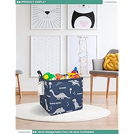 FANKANG Square Nursery Hamper Storage Bins Canvas Laundry Basket Foldable with Waterproof PE Coating Storage Baskets Gift Baskets for Children, Office, Bedroom, ClothesSquare-Blue dinosaur 