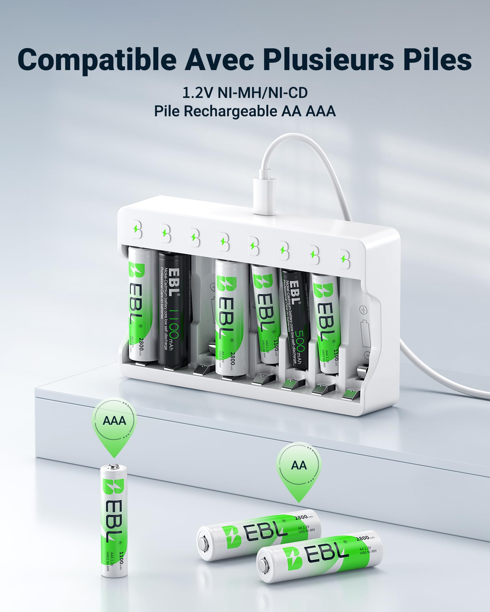 EBL Chargeur de Piles Rechargeables - Chargeur de Piles 9010 avec 4PCS AA Piles Rechargeables 2800mAh et 4PCS AAA 1100mAh NI-MH, 8 Slots Rapide avec Indicateur Intelligent