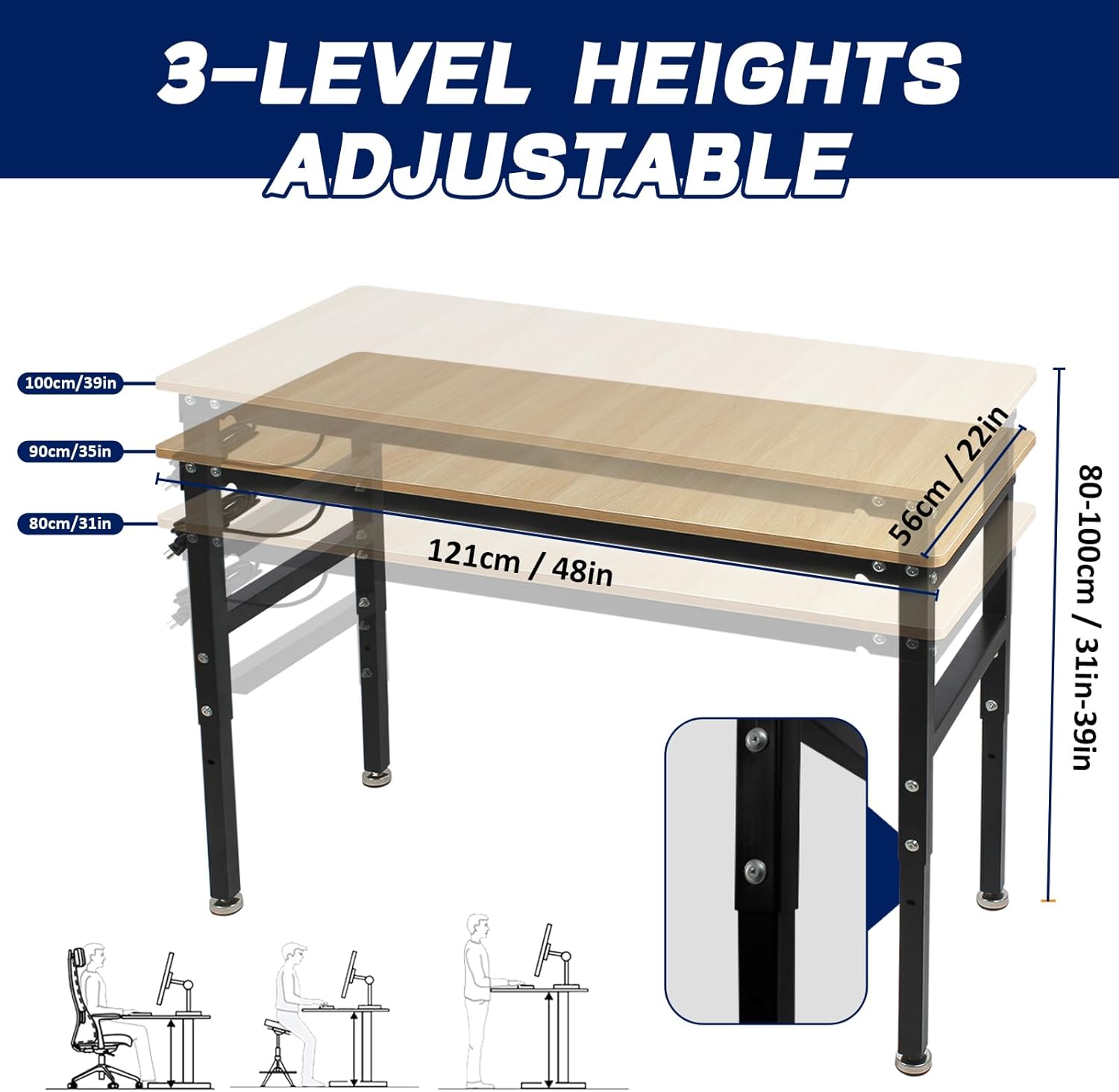 48'' Adjustable Workbench with Power Outlet, 2000 Lbs Capacity Work Benches for Garage, Wood Heavy Duty Work Bench,Shop Table for Shop Office Home Commercial
