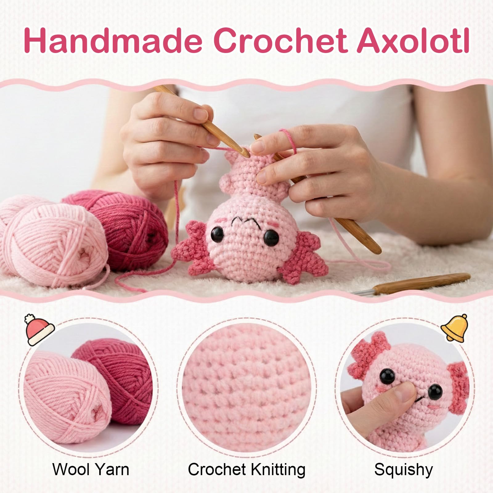 Rudfovn 2 Pcs Positive Axolotl with Keychain, Pink Cute Funny Handmade Crochet Doll Emotional Support Gifts - Image 3