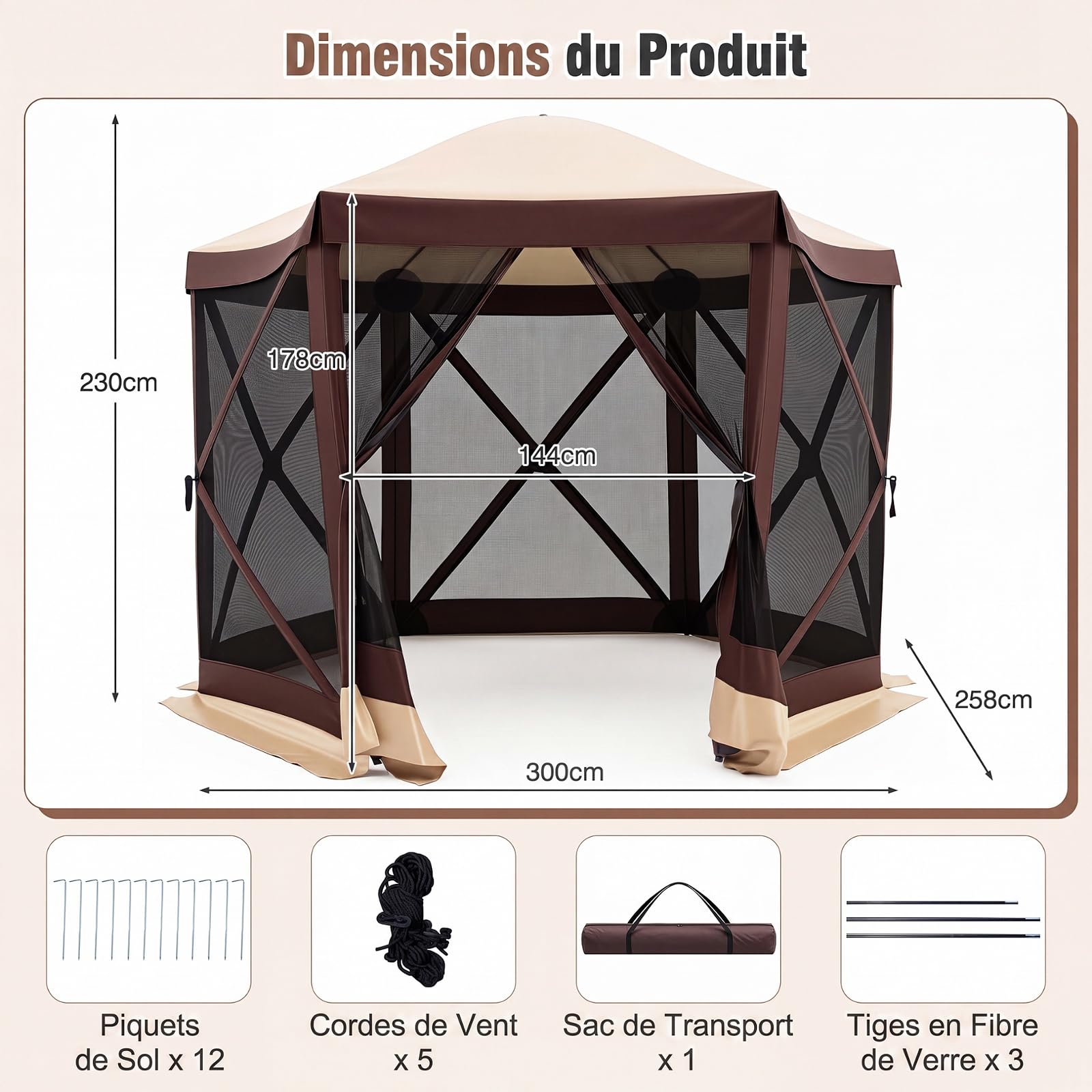 COSTWAY Tonnelle Pop-up avec Moustiquaire, Tente de Réception Pliante pour 4-6 Personnes, Barnum Gazebo de Jardin avec Toit Oxford, Abri Extérieur Hexagonale pour Camping Fête (295 x 295 x 220 cm)