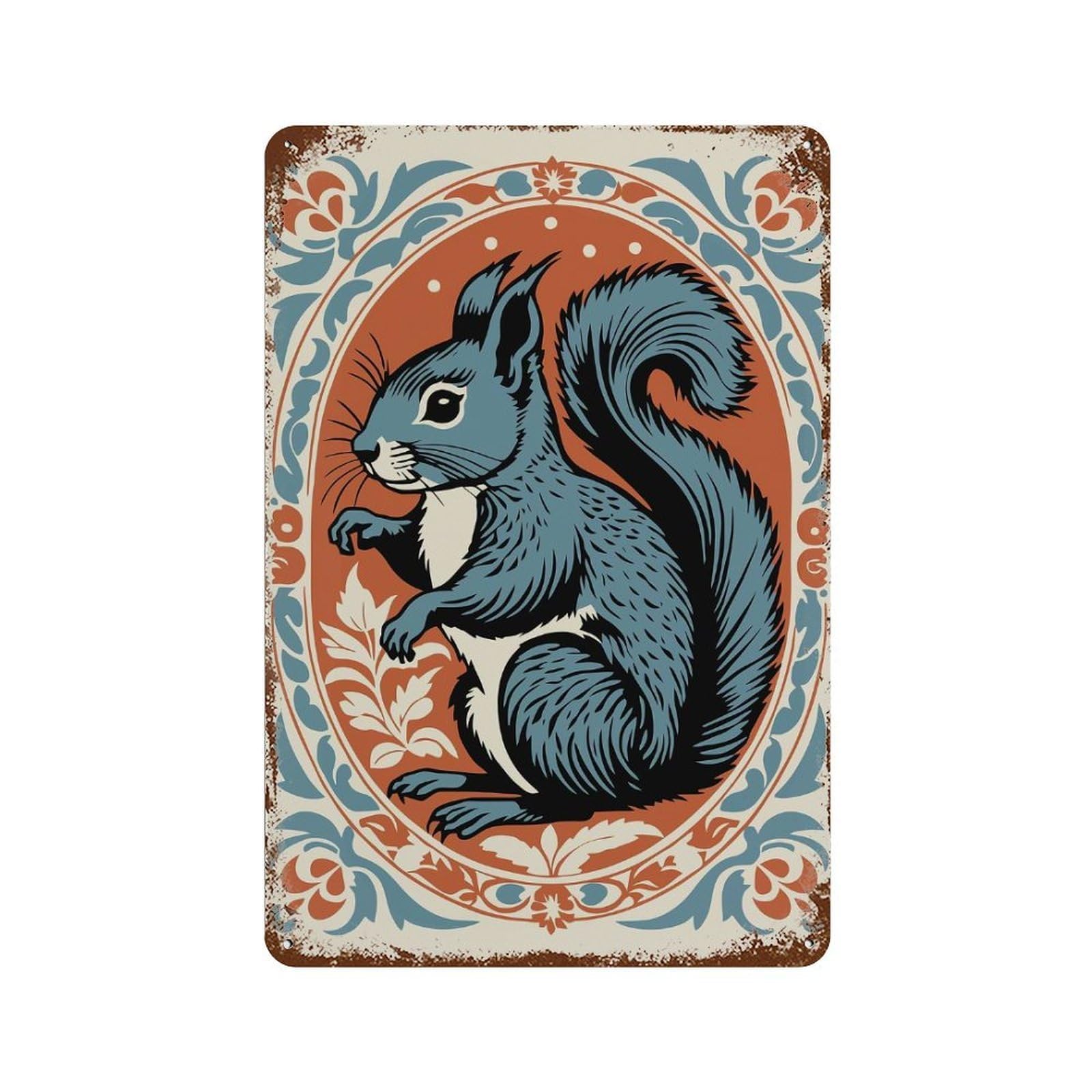 Stylized Squirrel Portrait Rust Effect Tin Sign 11.8"x7.9", Decorative Metal Wall Art for Living Room, Hallway And Home Decor