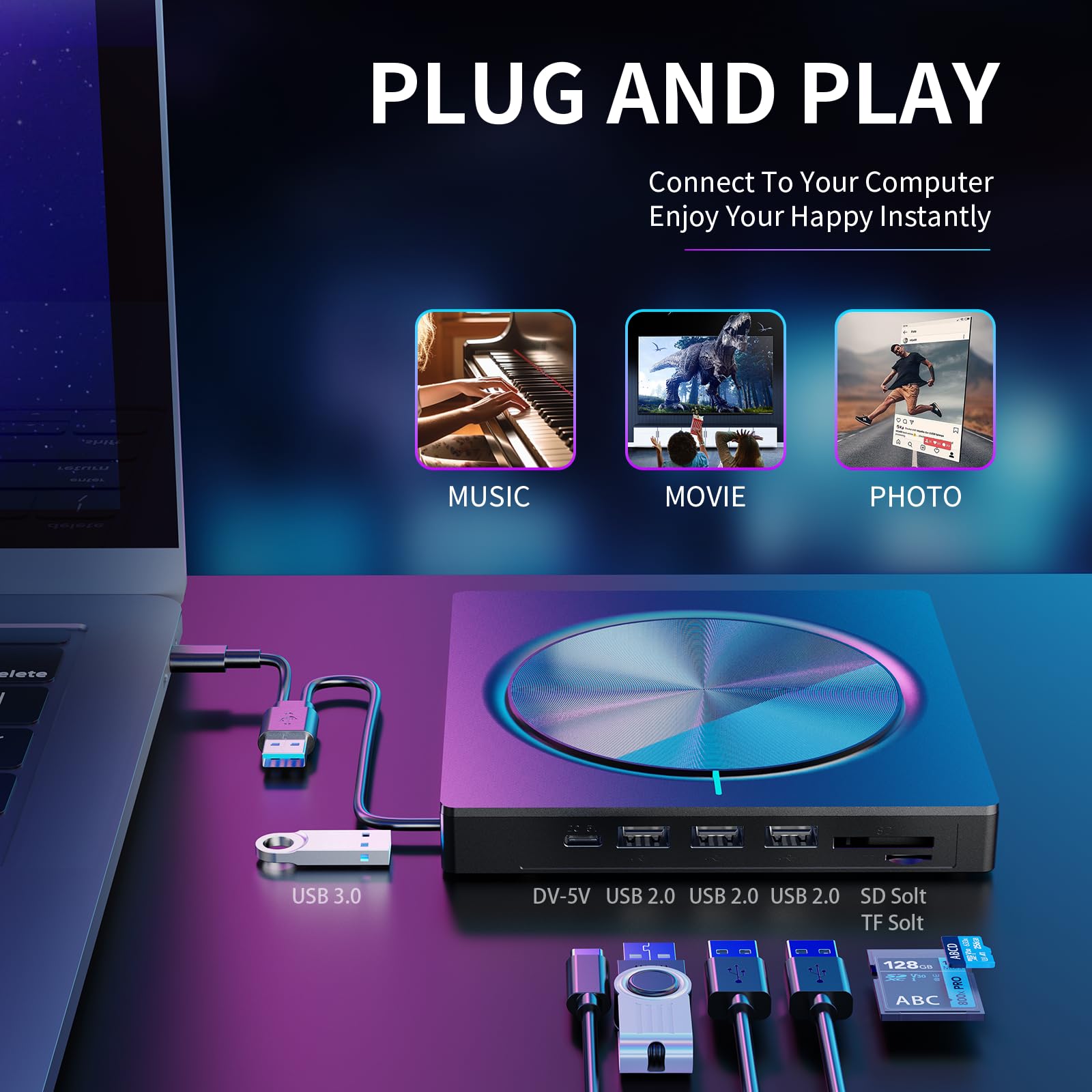 Lettore DVD Unità Esterna USB 3.0&Type C Lettore CD/DVD -/+RW Drive CD ROM per PC Portatile con 3 porte USB-A, USB 3.0, DV e Lettore di Schede TF/SD per Win/MacOS/Linux/Laptop/Desktop/Macbook Air/Pro