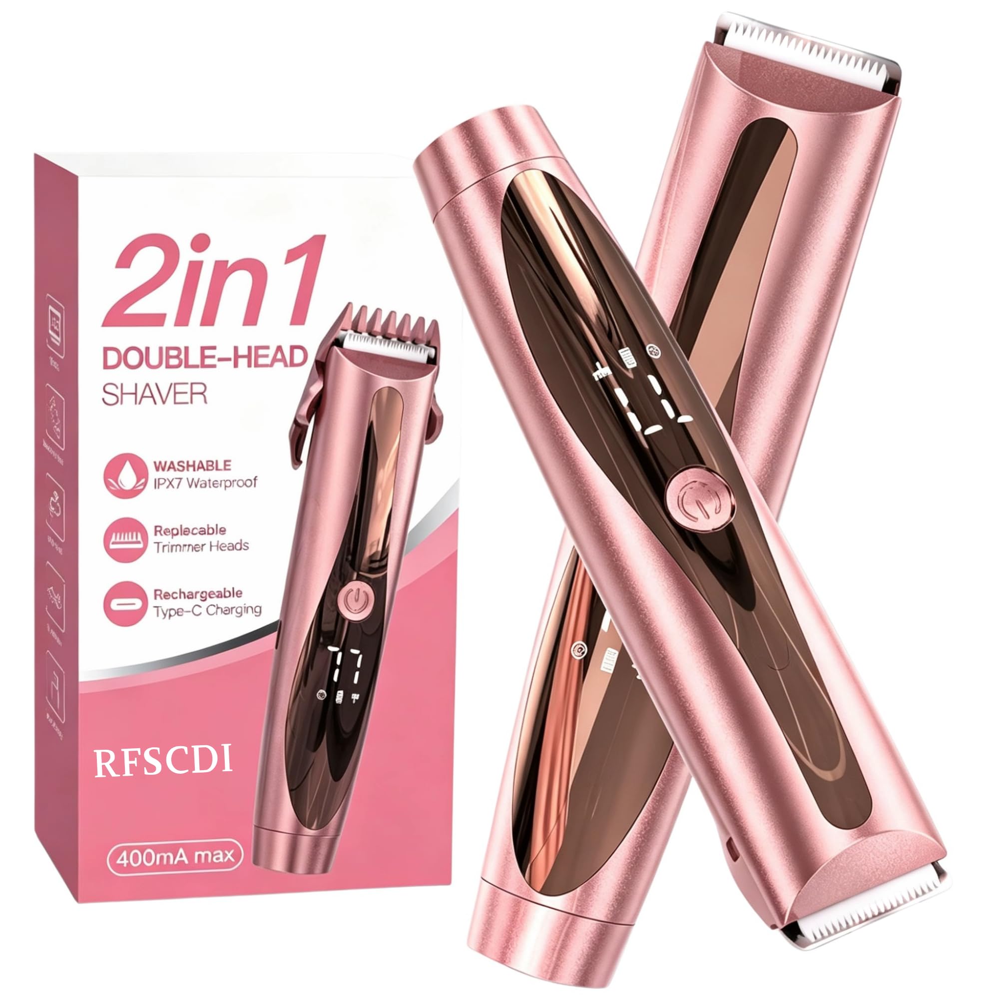 2-in-1 Bikini Trimmer for Women, Electric Lady Shaver IPX7 Waterproof with LED Display, USB Rechargeable Body Hair Trimmer for Bikini Line Underarm Legs Face (Rose Gold)