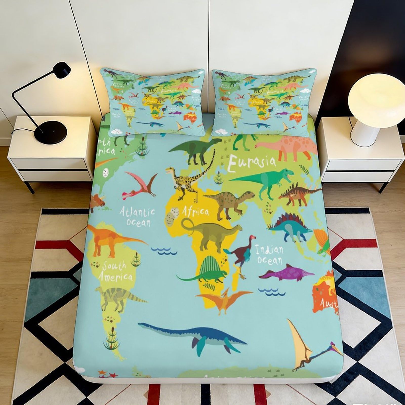 Pnayamiorkfel Style-10 3D Printed Dinosaur World Fitted Sheet Microfiber Non-Slip Map Pattern Bed Cover For Bedroom Guestroom Decor 90X200x25cm