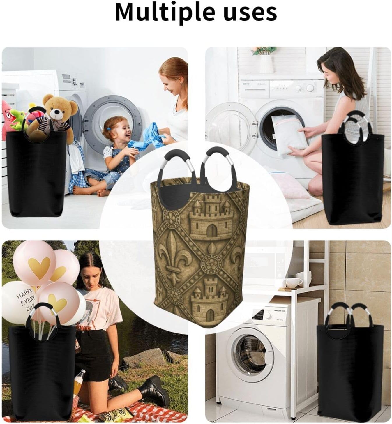 50l Laundry Basket Fleur-De-Lis Castle Design Waterproof Laundry Hamper Foldable Clothes Laundry Bag With Handles