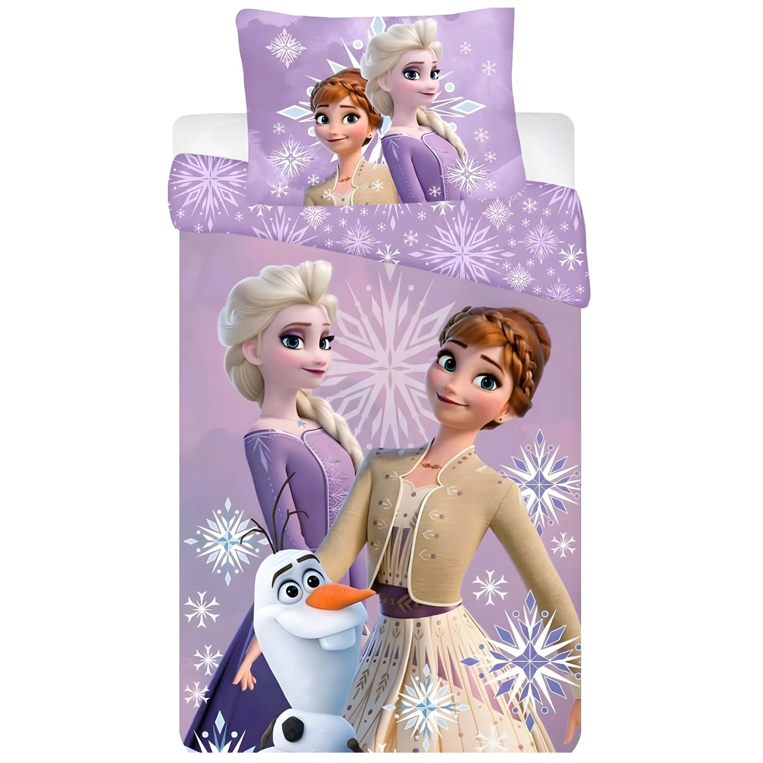 Disney Frozen Bedlinen Set for Junior Bed | Duvet Cover 100x135 cm & Pillowcase 40x60 cm, 100% Cotton | Soft Elsa Anna & Olaf Bedding for Babies & Toddlers | Magical Purple Snowflake Design | 2 Pieces