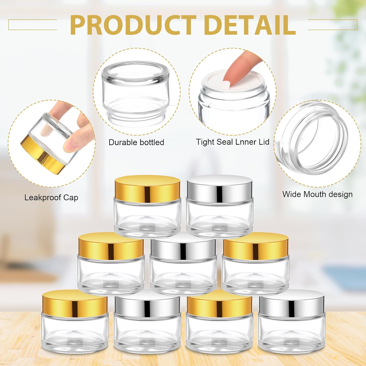 Meanplan 60 Pack 2 oz Glass Jars with Lids Bulk Small Sample Candle Cosmetic Jars with Inner Liners for Travel Empty Salve Tins Storage Container for Creams, Lotion, Candle Making, Food (Gold Silver)