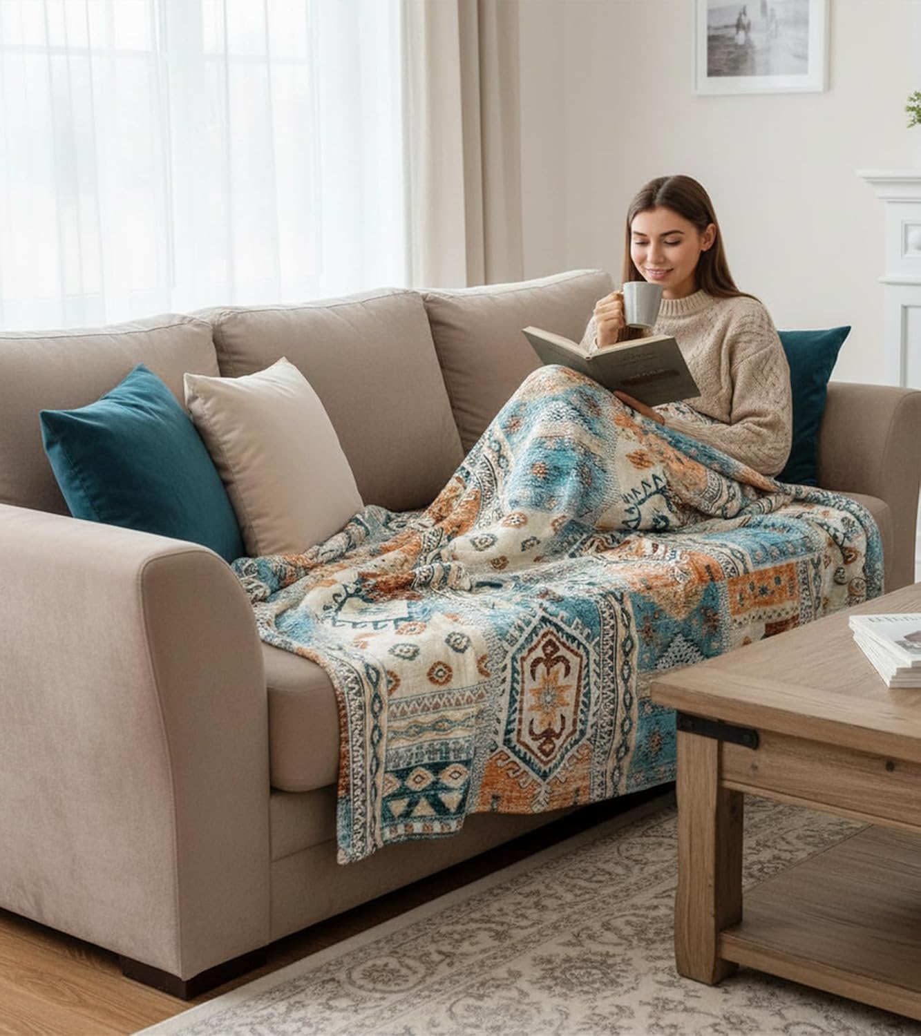 Aipon Boho Aztec Throw Blanket 50"x 60", Western Indian Native American Blanket Southwestern Decor, Orange Teal Soft Cozy Lightweight Throws Blankets Gifts for Women Men Couch Bed Sofa Chair - Image 5