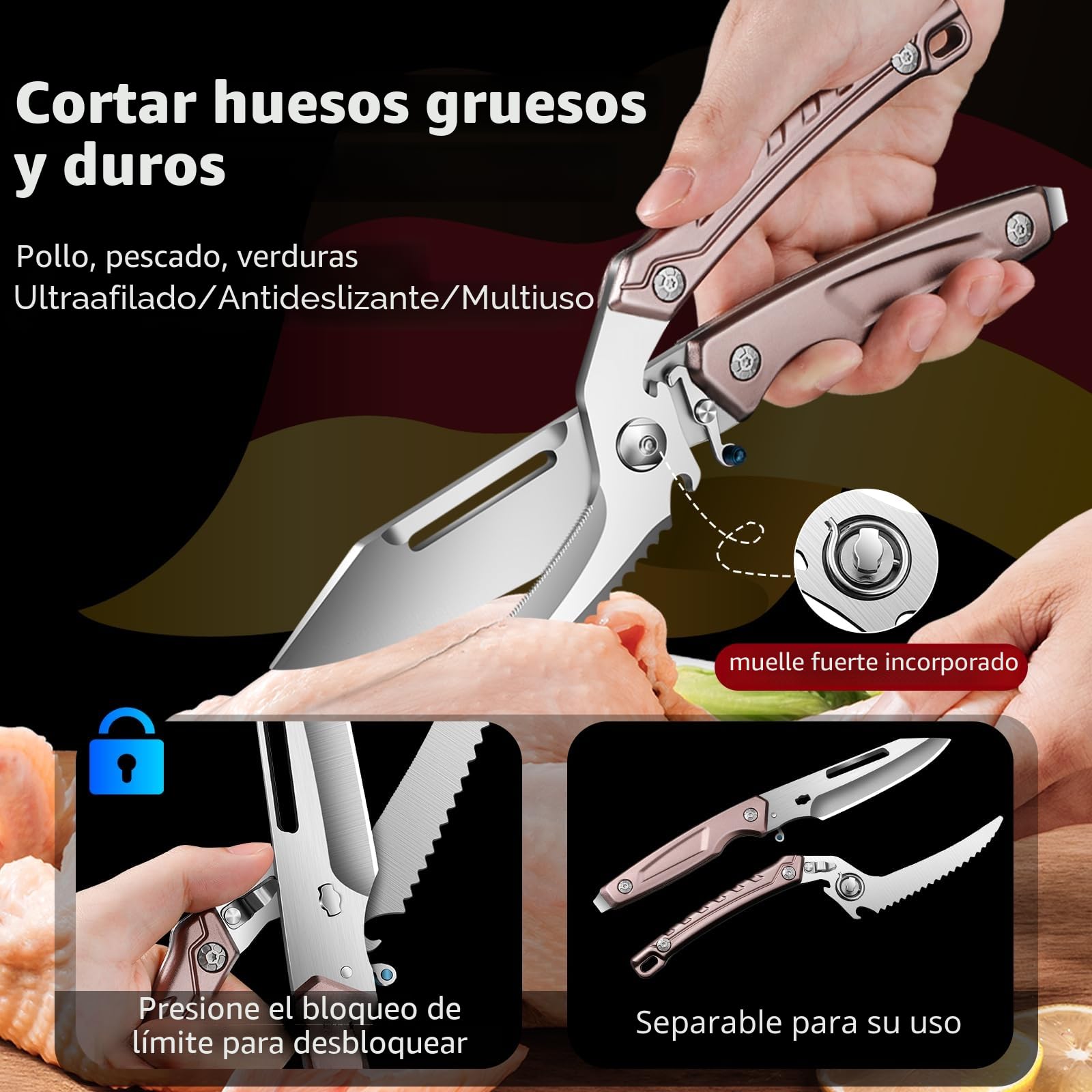 Plys Tijeras Cocina Acero Inoxidable: Profesionales Tijeras para Cortar y Separar Huesos Hogar Tijera para Cortar Carne, Huesos De Pollo, Pescado y Verduras Marrón