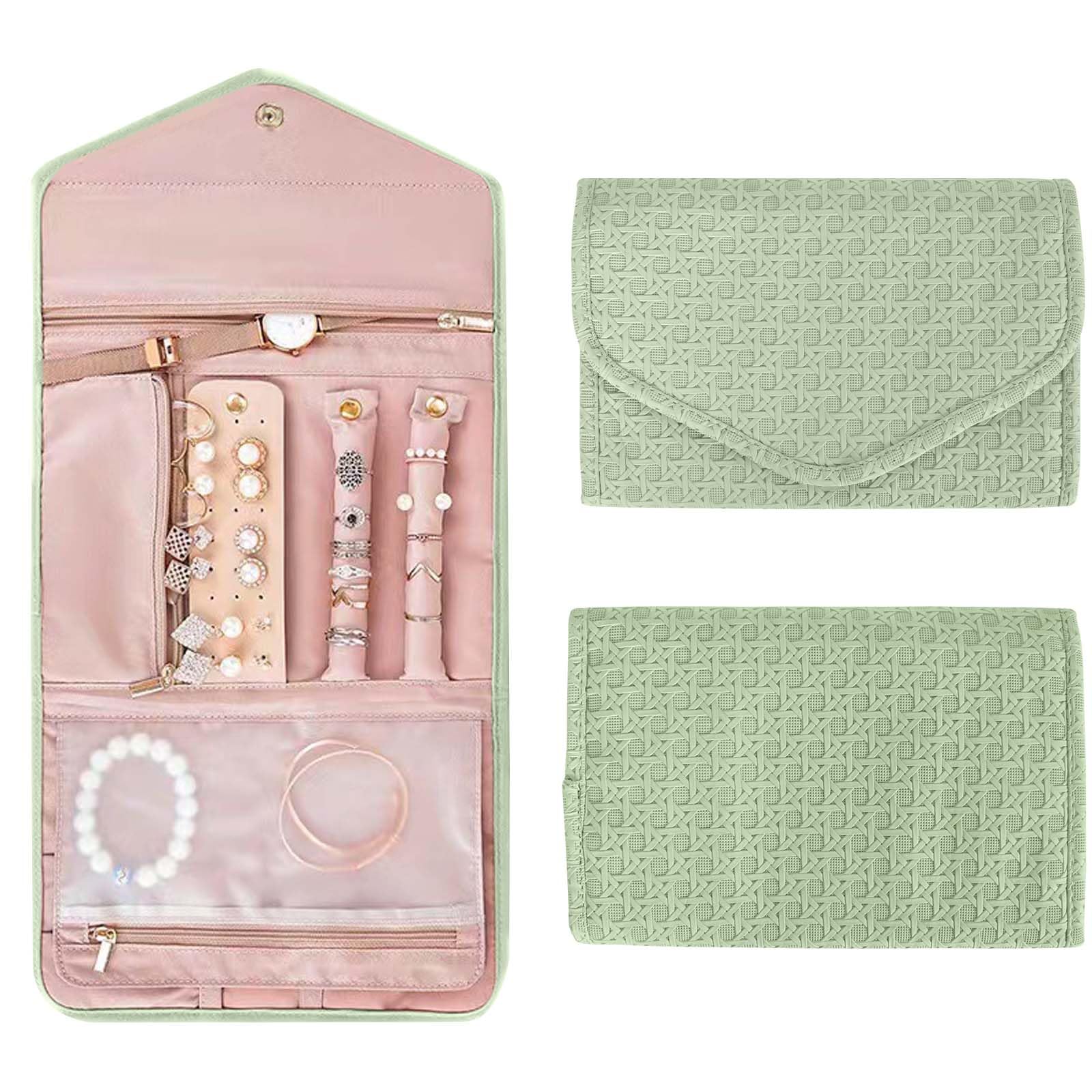 Kysun Girls Green Foldable Travel Jewellery Organiser, Leather Jewellery Storage, Jewellery Rolls, Portable, Storage Bag For Jewellery, Jewellery Roll Organiser Bag For Earrings, Necklaces, Rings, Bracelets, Watches