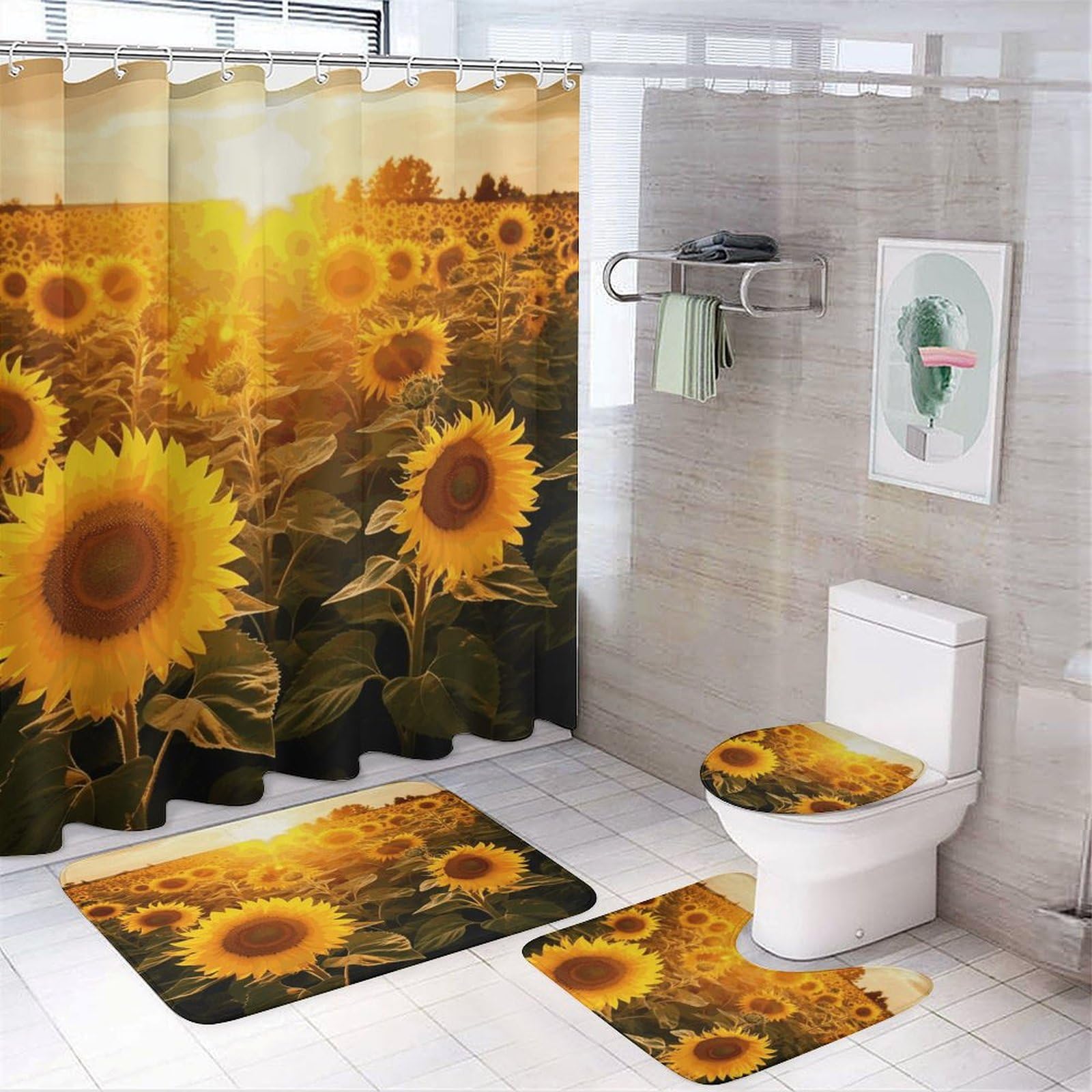 Rideau de douche imperméable motif tournesol avec kit tapis de bain 4 pièces