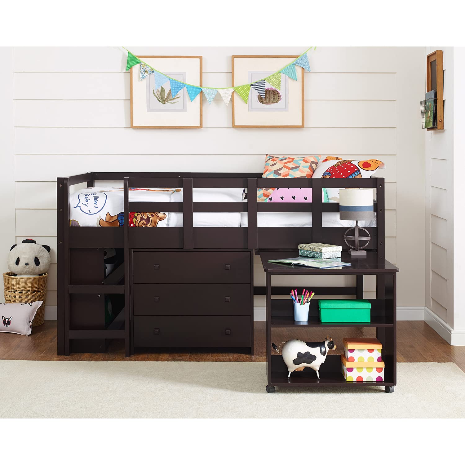 Twin Loft Bed with Desk, Low Study Loft Bed Frame with Storage