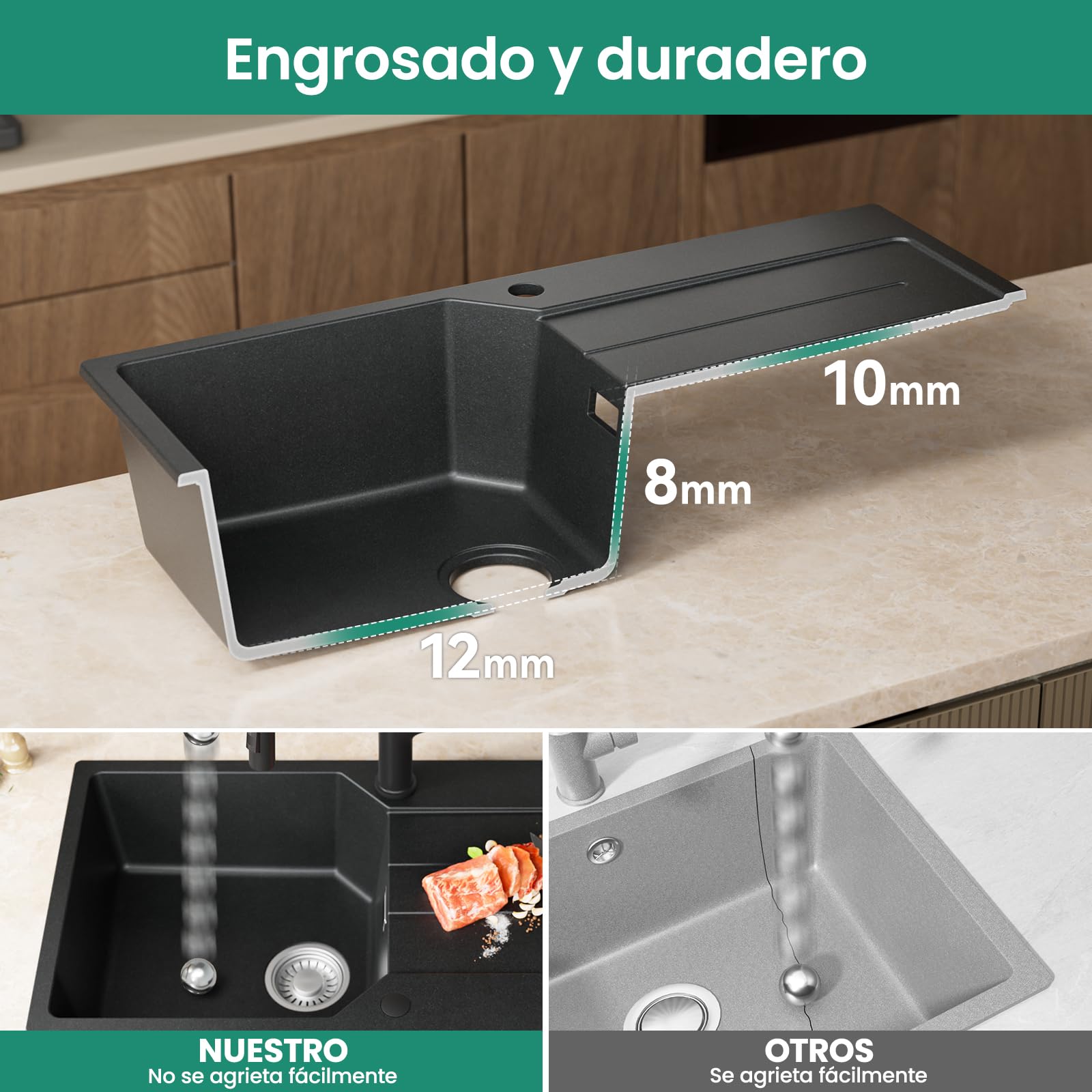 Fregadero ANYCEE Negro 86 por 45 Escurridor Set Mueble 50 cm Grifo Extensible Ducha
