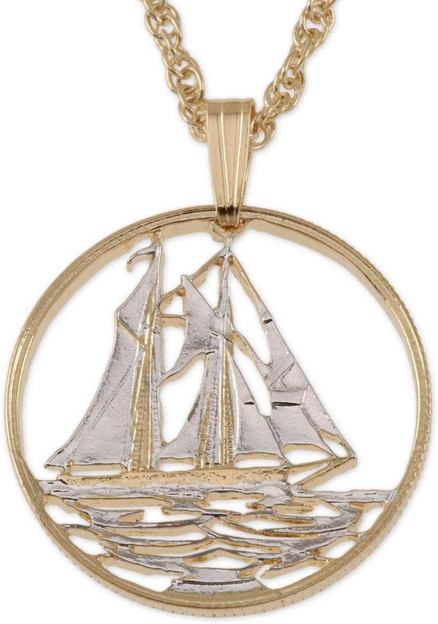 Sailboat Pendant & Necklace, Cayman Island 25 Cents Coin Hand Cut