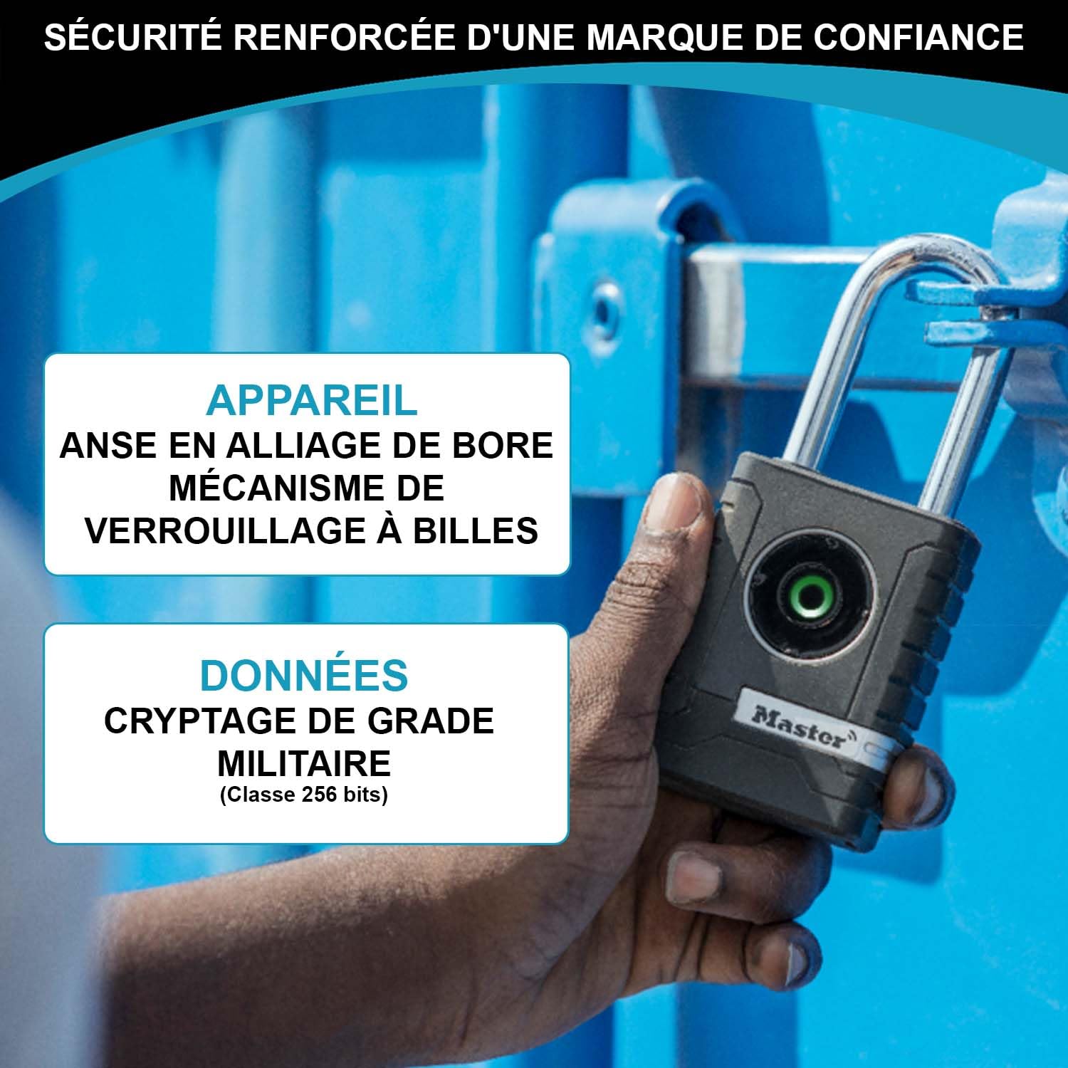 Master Lock 4401EURLHEC Cadenas Bluetooth connecté pour un usage privé ou professionnel, Etanche, Anse Longue Noir