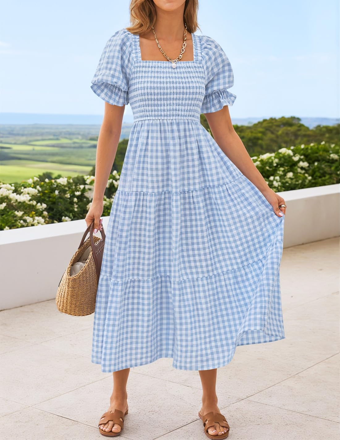 ZESICA Women's 2026 Bohemian Summer Plaid Square Neck Puff Sleeve Ruffle Flowy Beach Midi Dress - Image 5