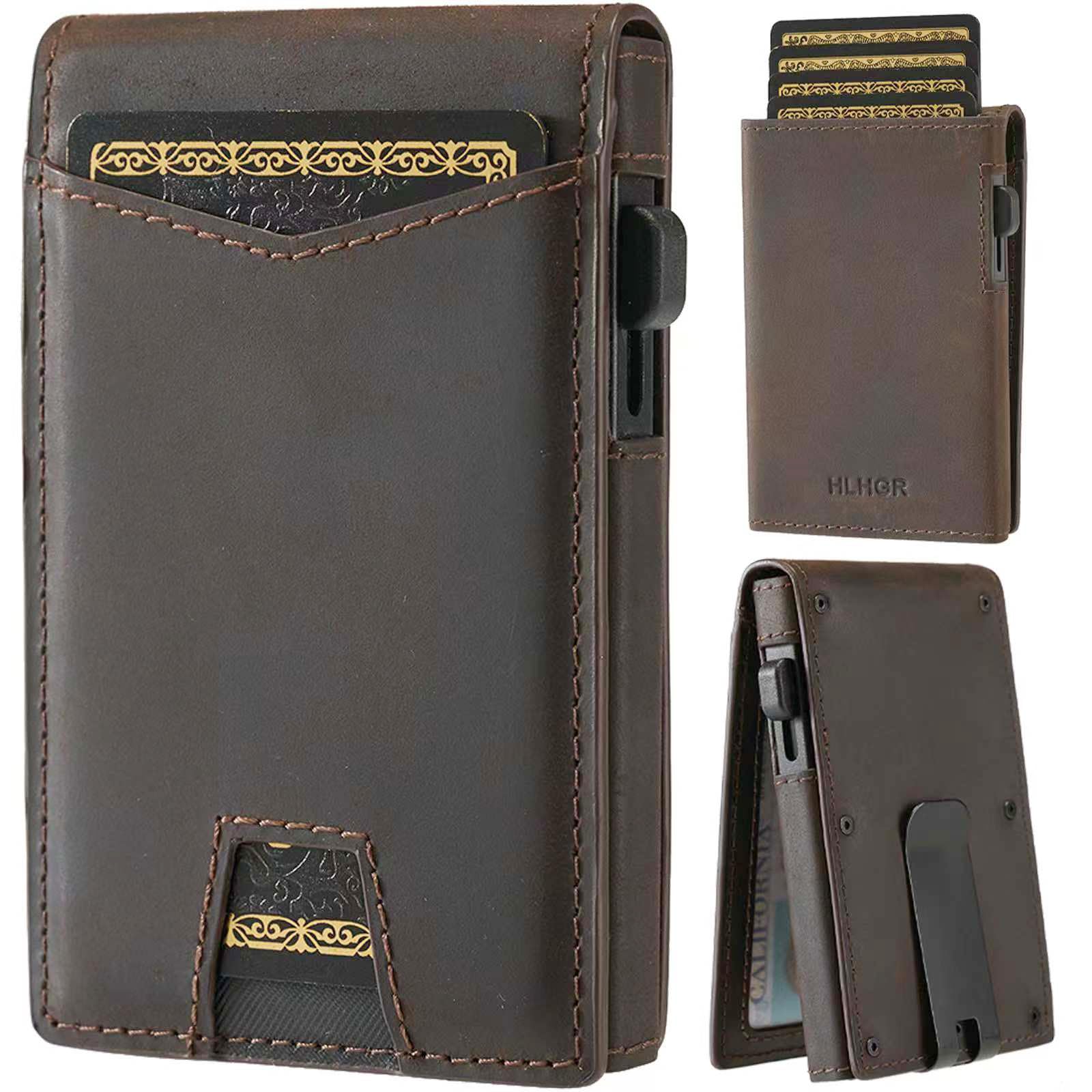 HLHGR Wallet for Men，Slim Minimalist Smart Wallet for Men With Money Clip Genuine Leather Card Holder RFID Blocking Metal Aluminum Pop Up Card Wallet