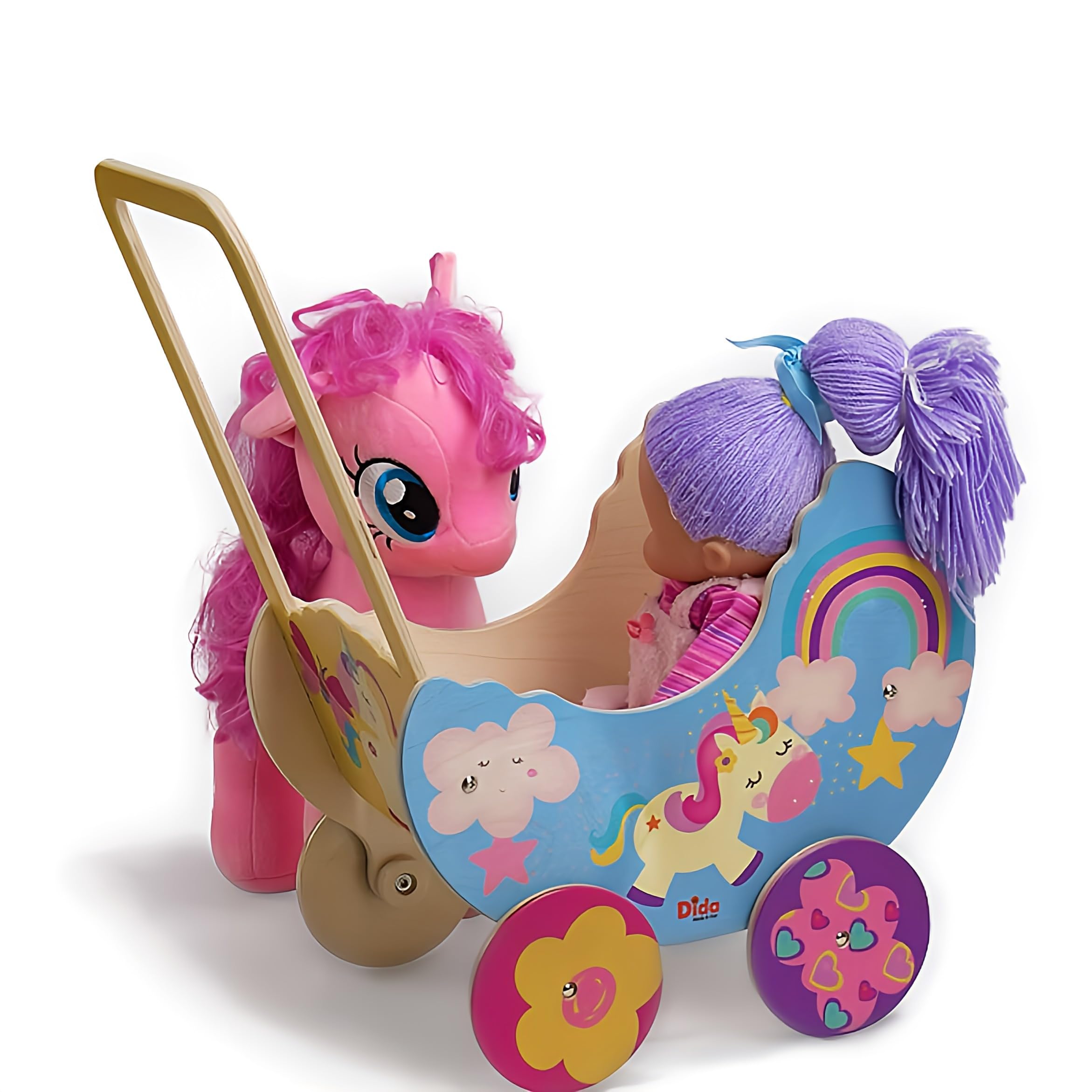 Dida - Puppenwagen Einhorn, Aus Holz Gefertigt, Wagen für Puppen bis 35 cm, Ideal für Rollenspiele, Perfekt für Kinder von 2, 3, 4 Jahren, Kreatives und Pädagogisches Spielzeug