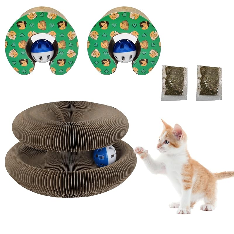 Tapete arranhador para gatos em papelão sanfonado com bola e sino XinBerry – Pacote com 2