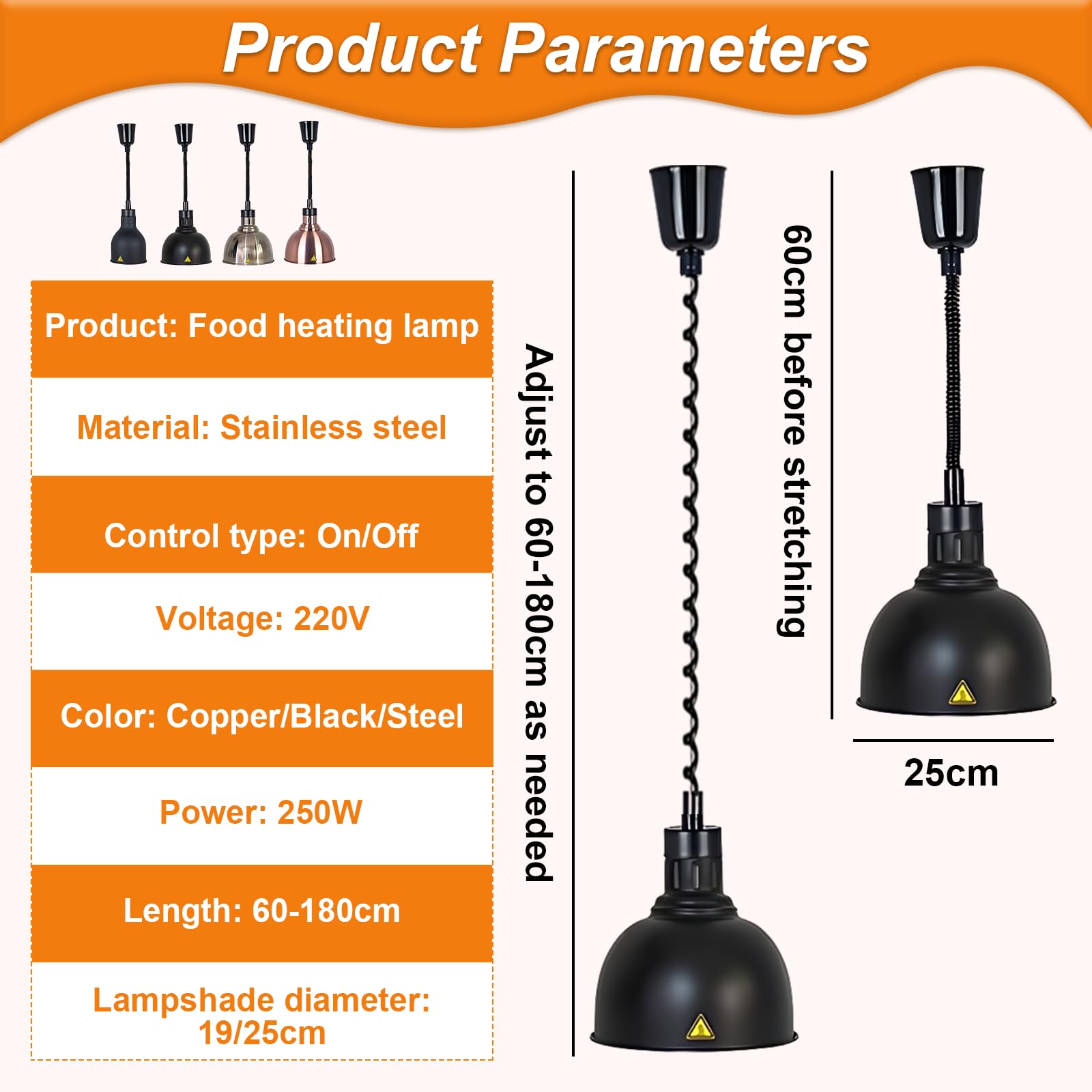 Lampada Riscaldante Cucina, 250W Lampada Riscaldante per Alimenti Regolabile, Lampada Scaldavivande Ristorante Sospeso 19 cm/25 cm per Ristoranti, Hotel (Acciaio inossidabile-25cm,2 Pezzi)