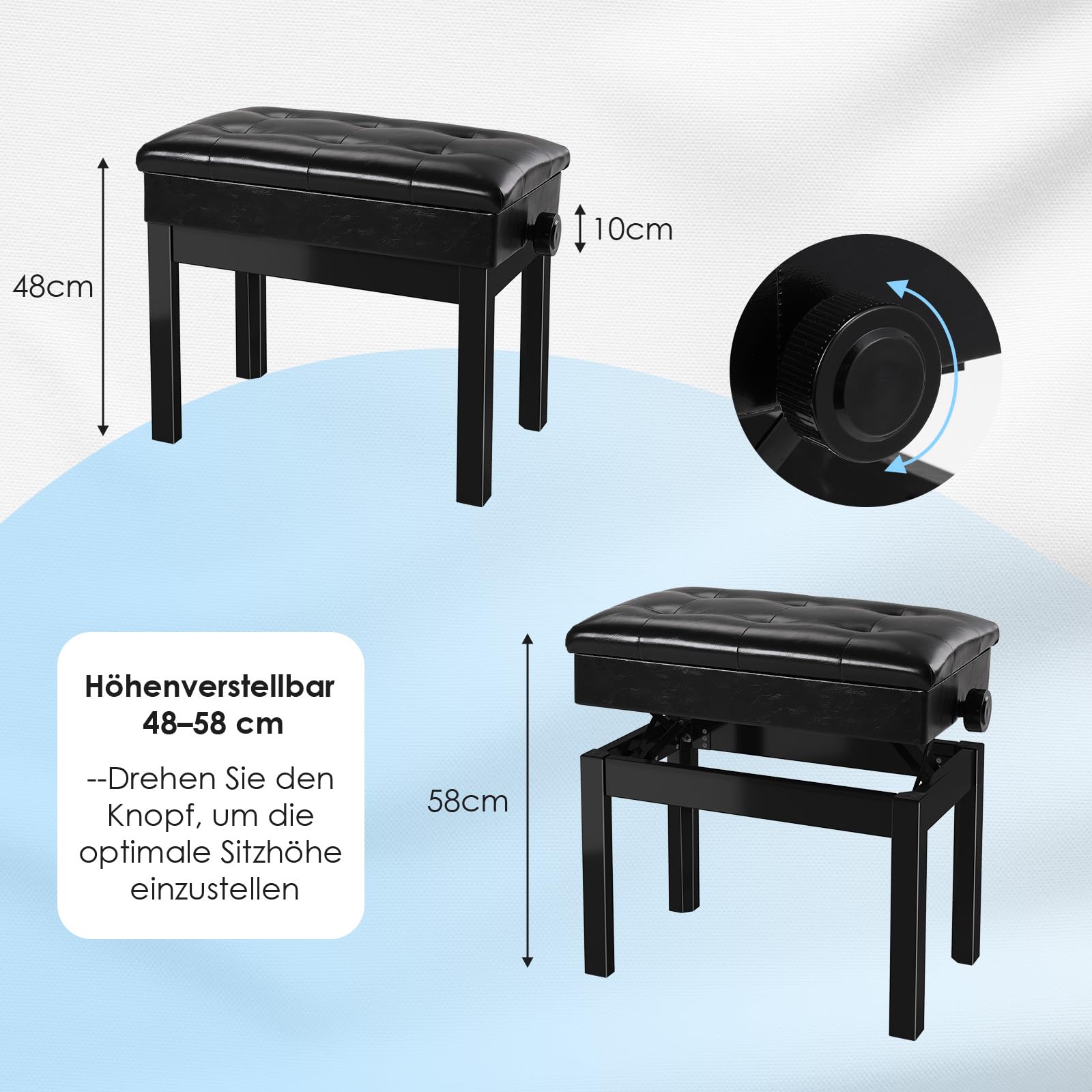 MAMIZO Sgabello Pianoforte Regolabile in Altezza 48-58 CM, Panca Pianoforte | Sgabello Pianoforte con Spazio di Archiviazione, 4PCS Gambe in Legno Massello Sgabello Tastiera, Max 150KG, Nero