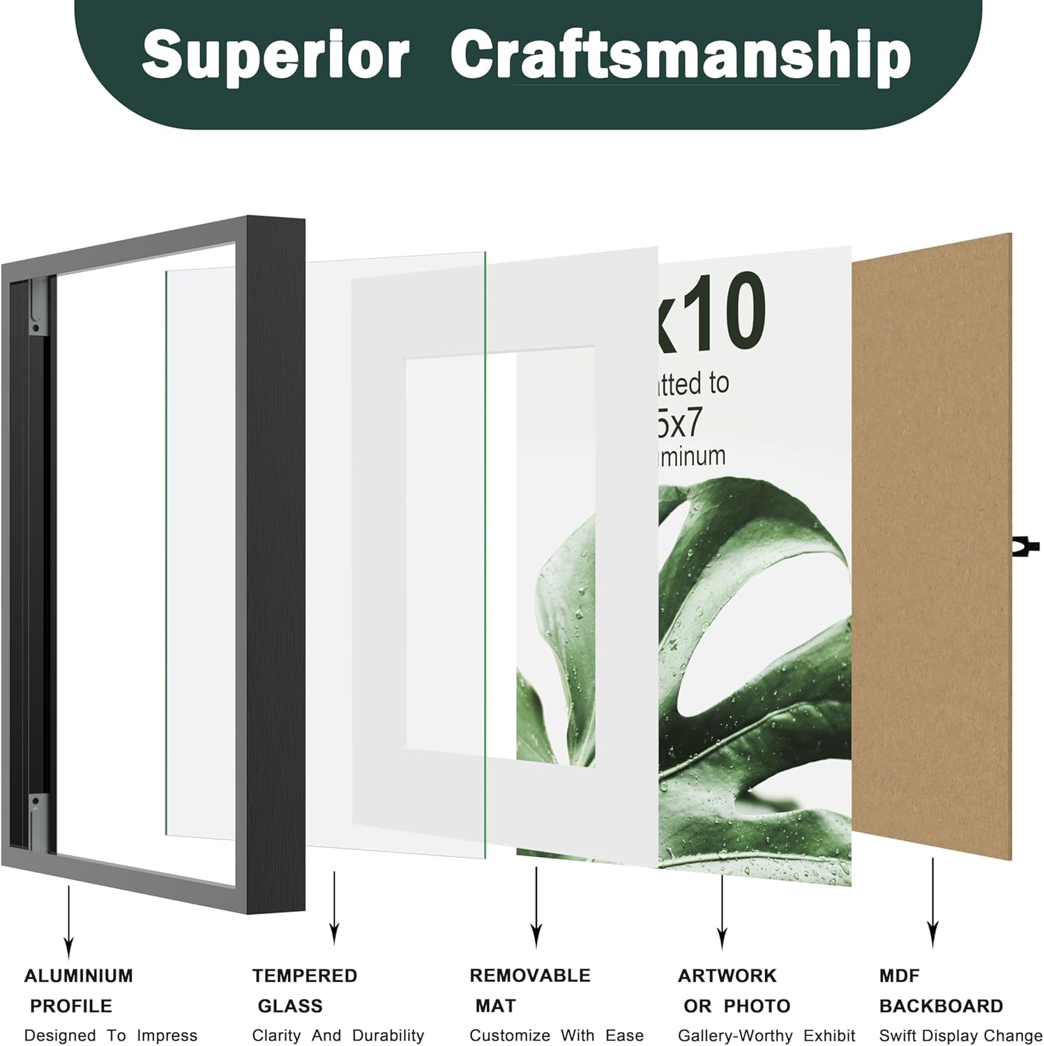 FrameWorks 12”x16” with 8”x12” Mat – Black Deluxe Modern Aluminum Picture Frame with Tempered Glass and Removable Mat