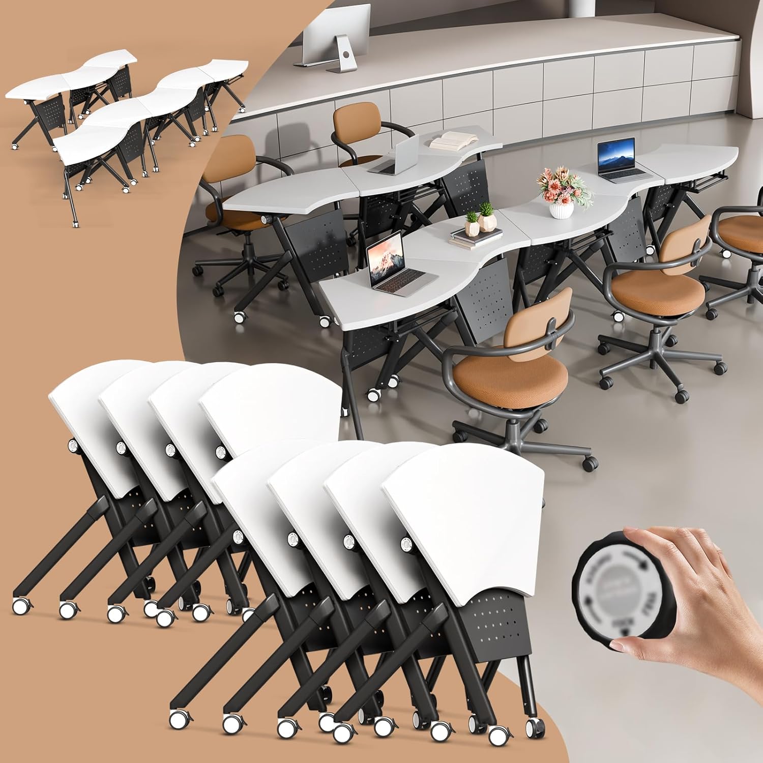 6FT Round Conference Table, 4PCS 35.4in Folding Conference Room Tables for 6-8 People, Modular Fan Shaped Training Table with Wheels, Mobile Nesting Seminar Meeting Table for Office(White,4)
