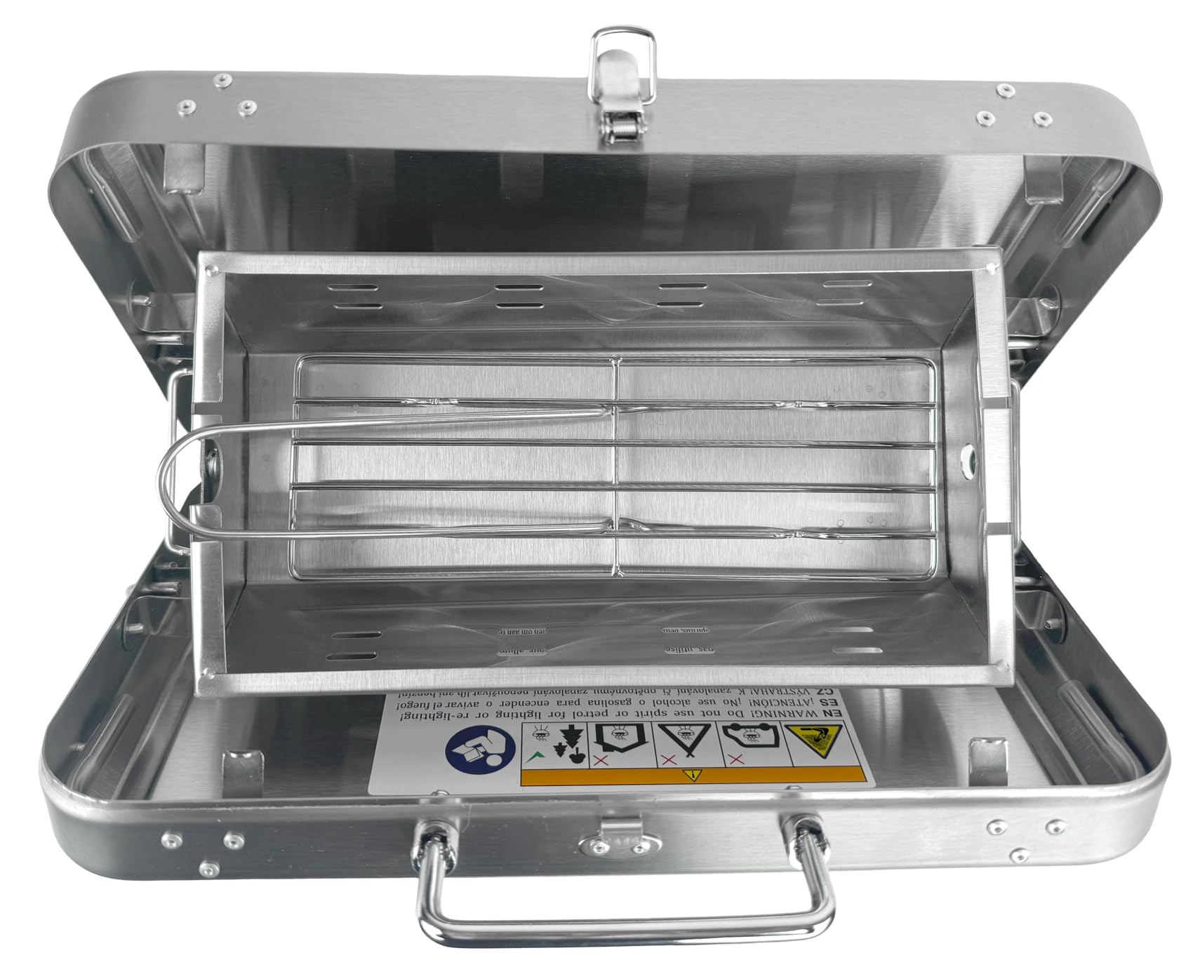 GARDINGER BBQ 42 mobiler Koffergrill aus Edelstahl für Gaskartuschen Holzkohle | Klappbarer Camping-Grill für Picknick Outdoor mit Grillzange | 31x20x7 cm