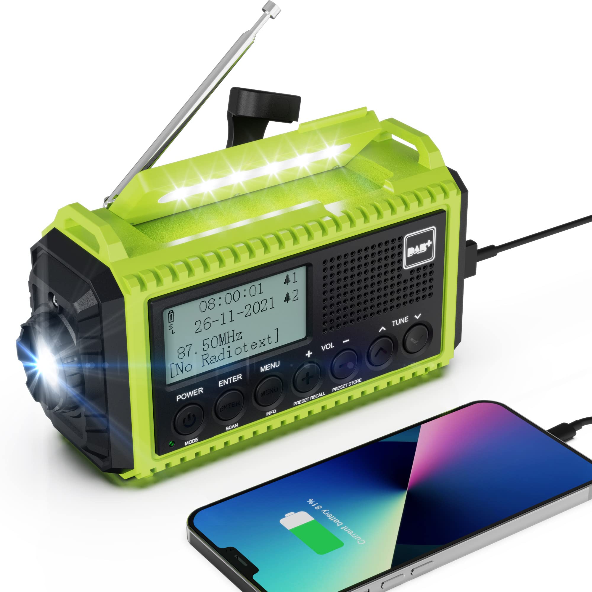 Portable DAB/FM Radio with 5000mAh Rechargeable Battery, Hand Crank