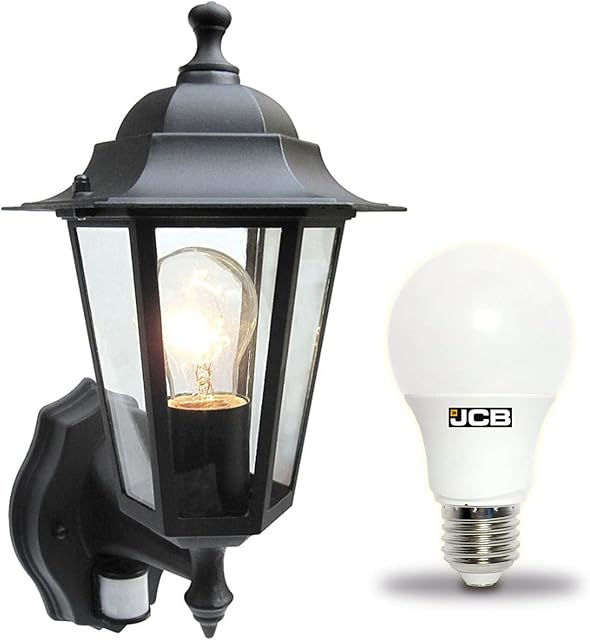 Traditional 6 Sided Garden/Porch Outdoor Coach Wall Lantern IP44 (Black 6 Sided + Motion Sensor + LED)