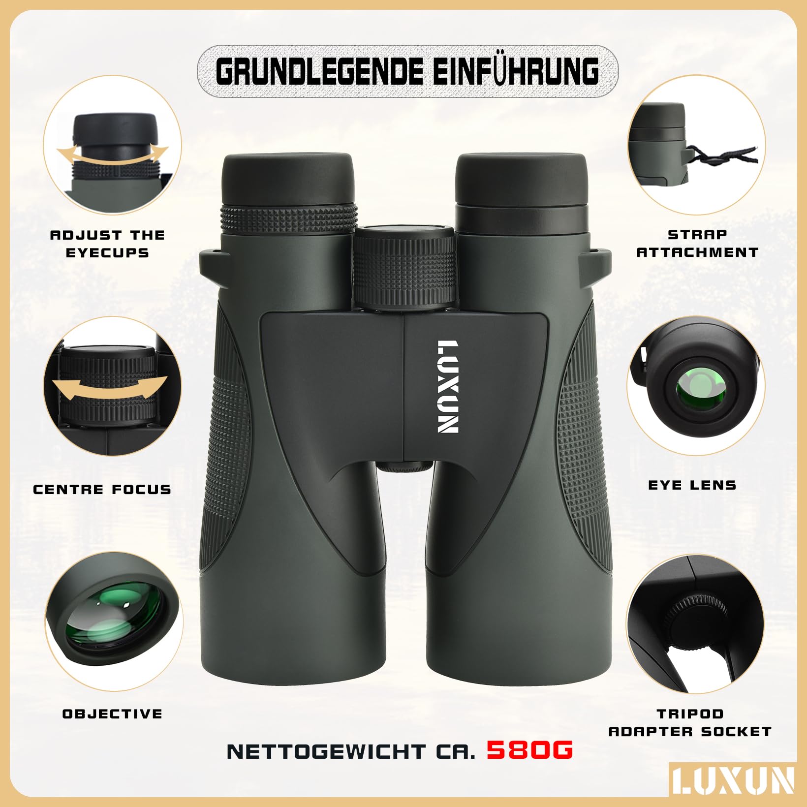 LUXUN 12x50 HD Fernglas für Erwachsene, Fernglas mit Smartphone Adapter Tragetasche, 20mm großes Okular Jagdfernglas mit FMC Beschichtung & Premium BAK4 Prismenobjektiv