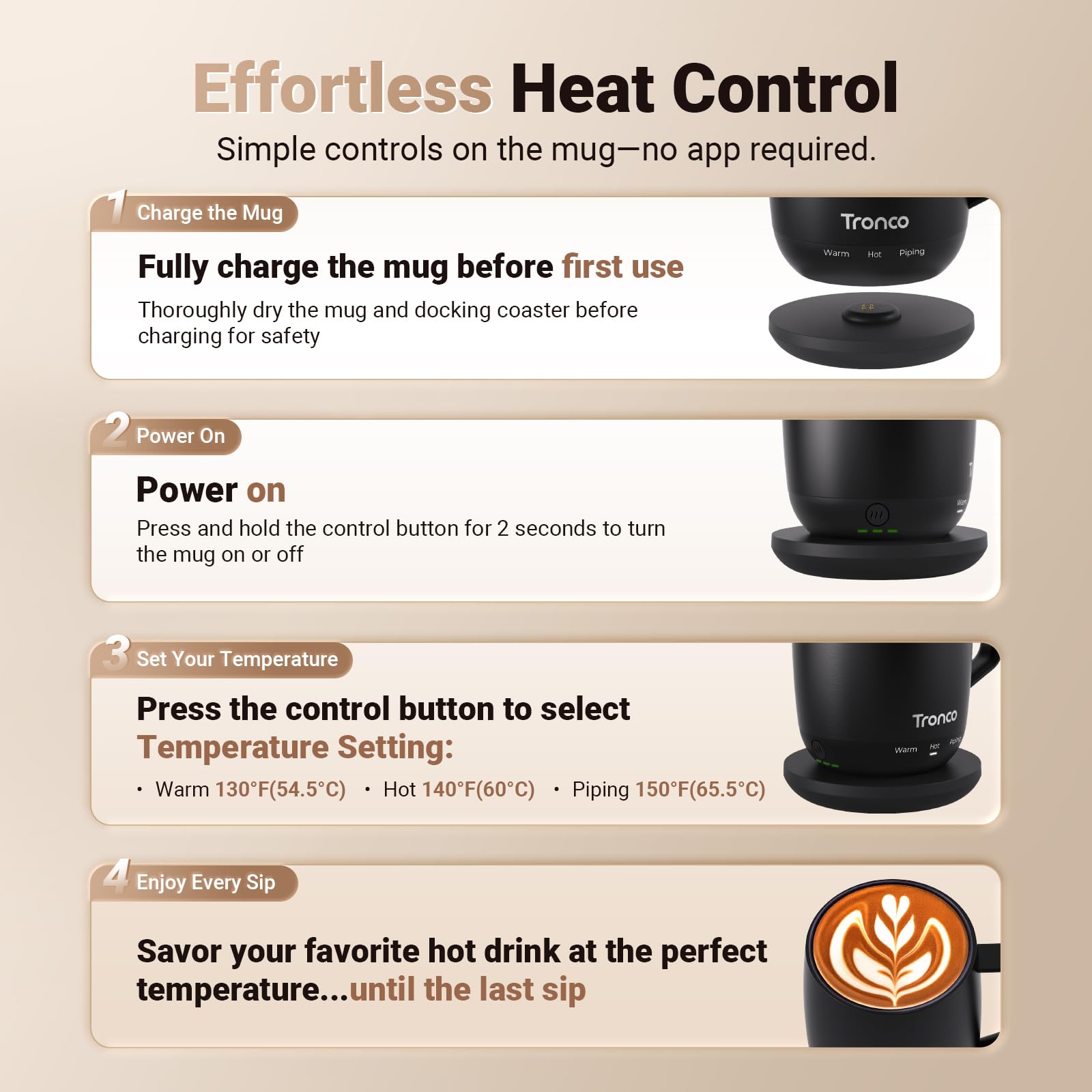 Tronco Tasse à café chauffante avec contrôle de la température – Tasse à café rechargeable auto-chauffante avec couvercle, 414 ml (blanc)