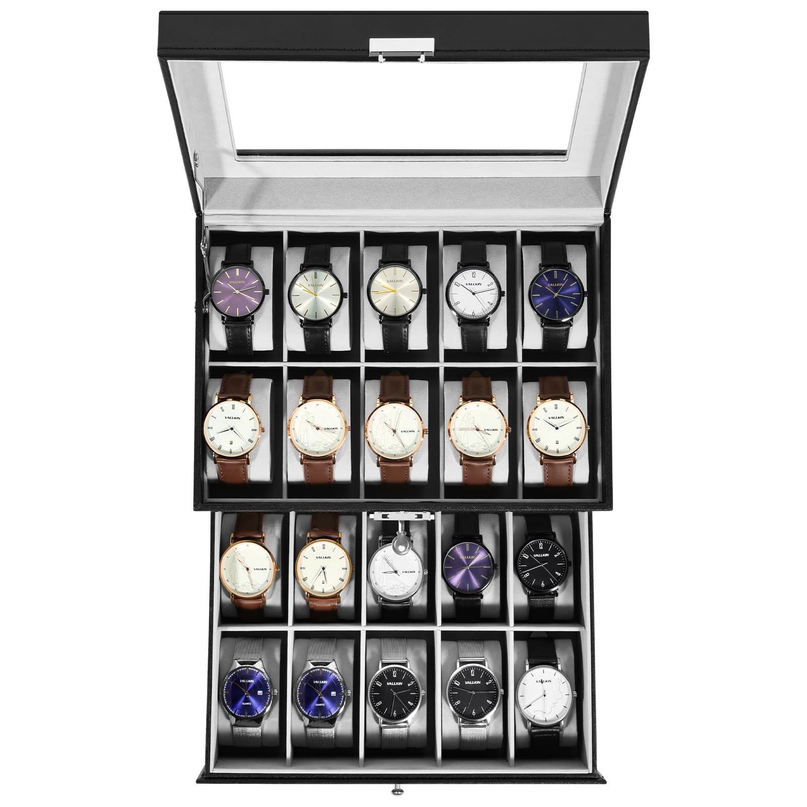 Uten Watch Box 20 Slots, 2-Tier Watch Case with Key Lock, Glass Lid, Watch Display Storage Box for Men and Women, Black Synthetic Leather, Grey Velvet Lining, Removable Pillows, Gift Idea