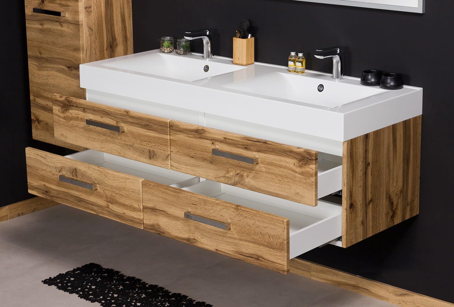 Quentis Badmöbelset ZENO 140 cm, Doppelwaschtisch mit Unterschrank, Eiche Natur, 4 Schubladen, Unterschrank montiert
