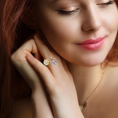 Miniatura 3 de JUNVirtuous Anillo de ansiedad para mujeres, anillos giratorios de girasol, anillo giratorio abierto, ajustable, regalo de girasol para mujeres y