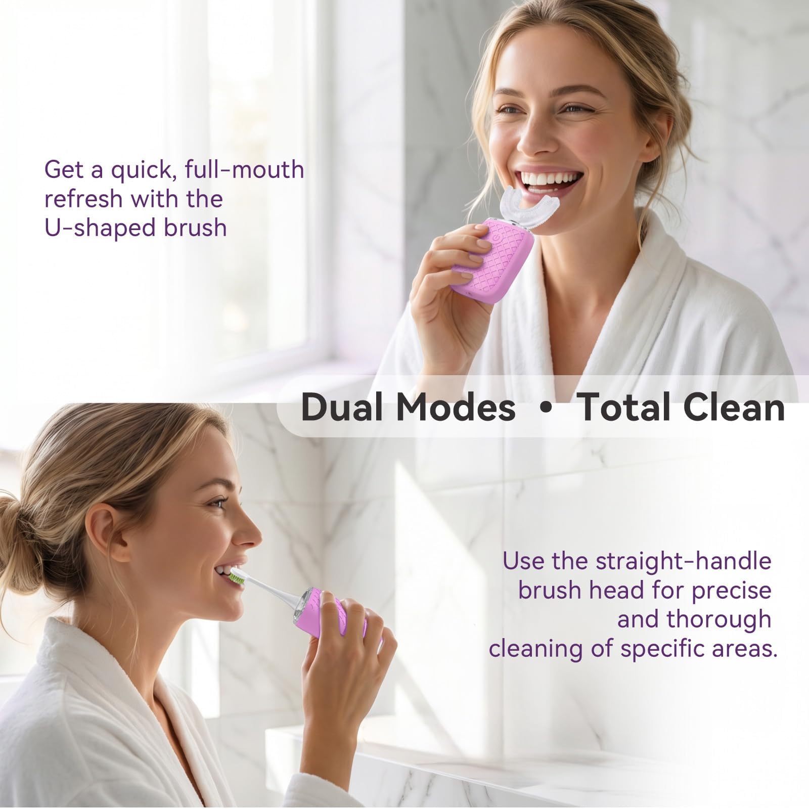 Cepillo de dientes eléctrico en forma de U para adultos, Sonic Automatic, blanqueamiento de manchas de 360°, IPX7 impermeable recargable, 3 en forma de U + 2 cabezales rectos + taza de