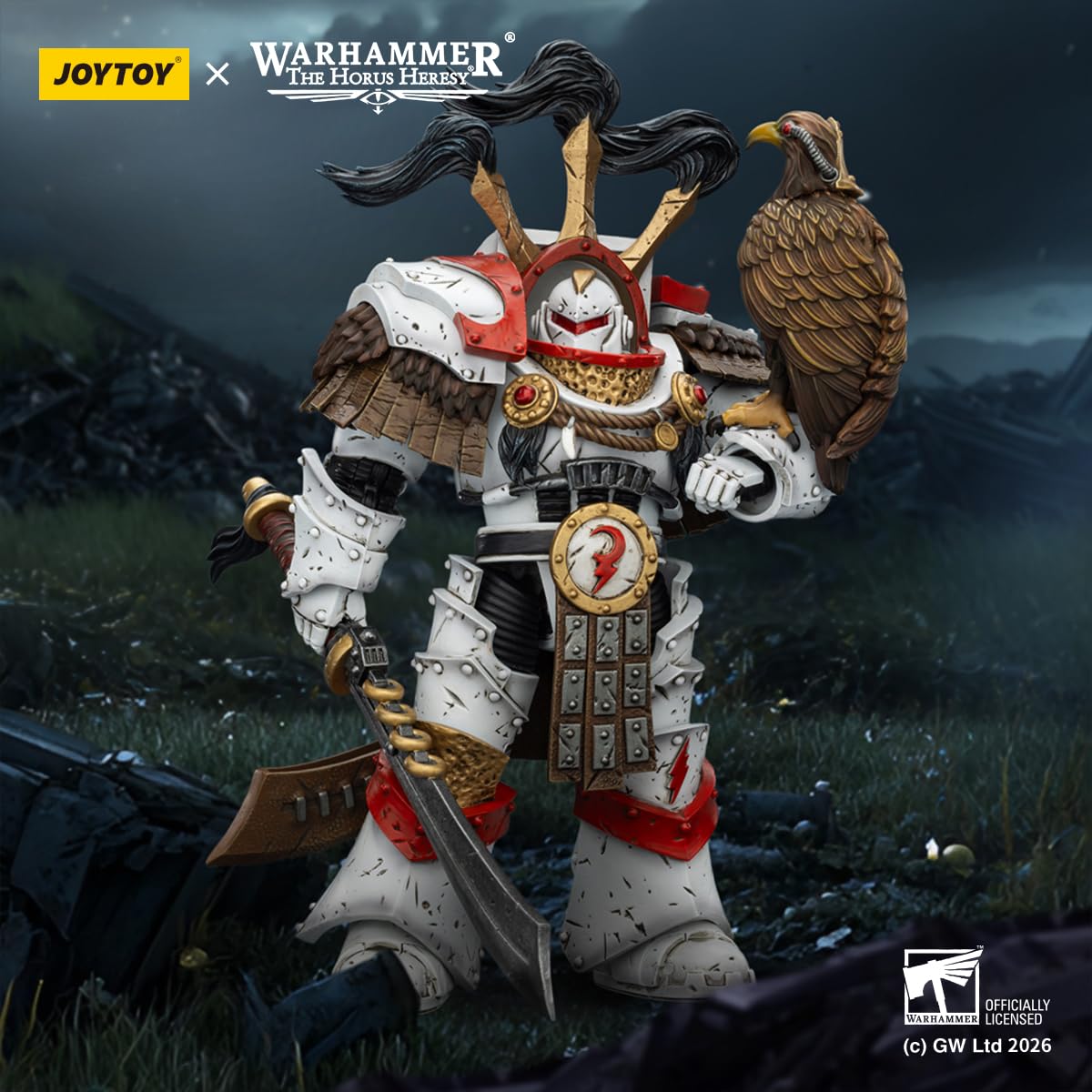 TOYVERSE JOYTOY Warhammer White Scars Praetor in Cataphractii Terminator zbroja z cyber jastrząbem, mieczem chogoriańskim i Combi Melta 1/18 model postaci z ruchomymi przegubami, figurka 15+