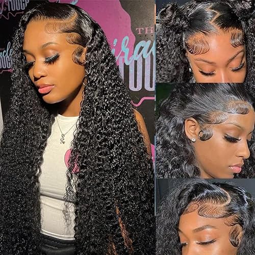 Aomllute Pelucas de cabello humano rizado profundo con encaje frontal HD de 13 x 4 pulgadas, previamente despuntadas, densidad del 180 %, nudos