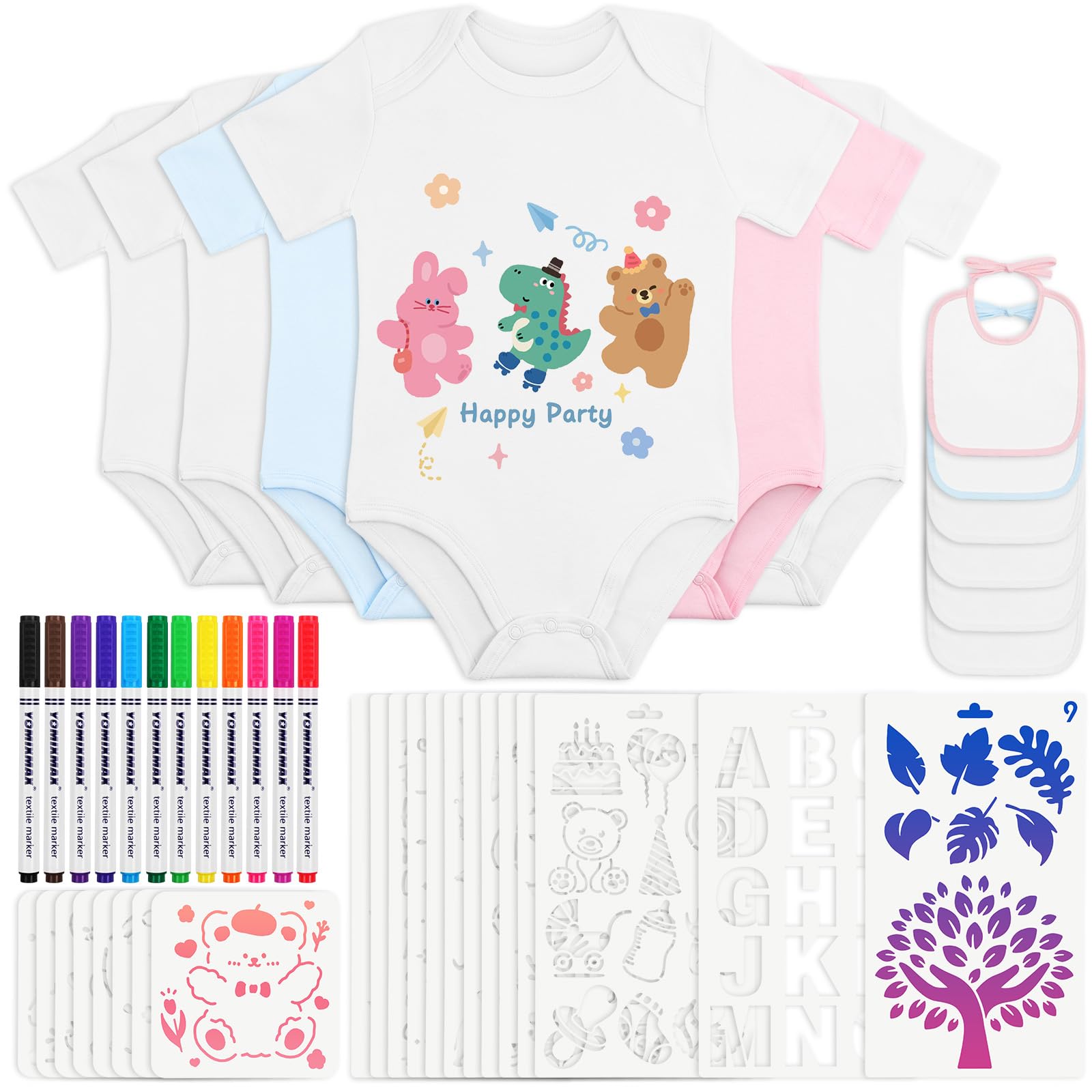 Aolso 6PCS Bavoir, Bavoirs Peinture et 6PCS Grenouillères, avec 12 Stylos Textiles de Couleur et 22 Pochoirs de Peinture, Cadeau pour Babyshower Party DIY（9-12mois）