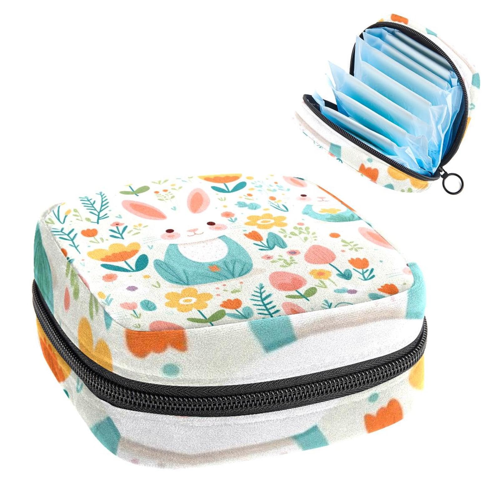 Sanitary Napkin Storage Bag for Feminine Pads, First Period Kit for Women, Rabbit with Flower Portable Menstrual Period Sanitary Pouch