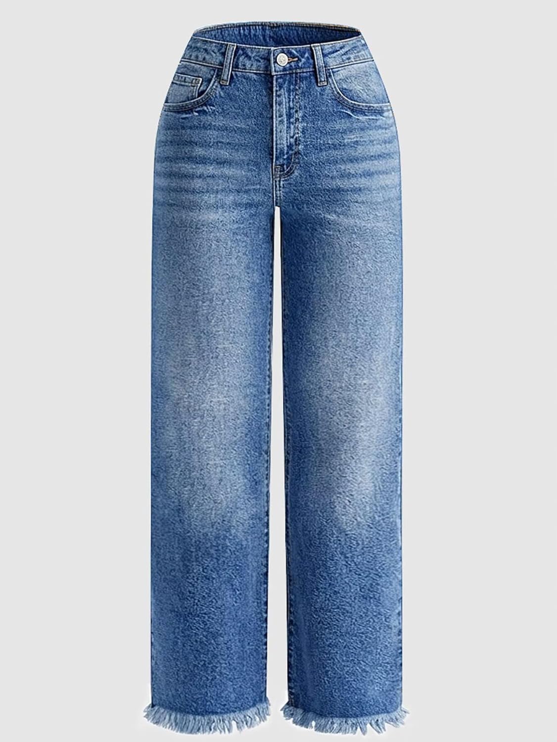 Flamingals Straight Leg Jeans for Women Mid Waist Raw Hem Vintage Wash Stretchy Wide Leg Casual Baggy Denim Jeans - Image 5
