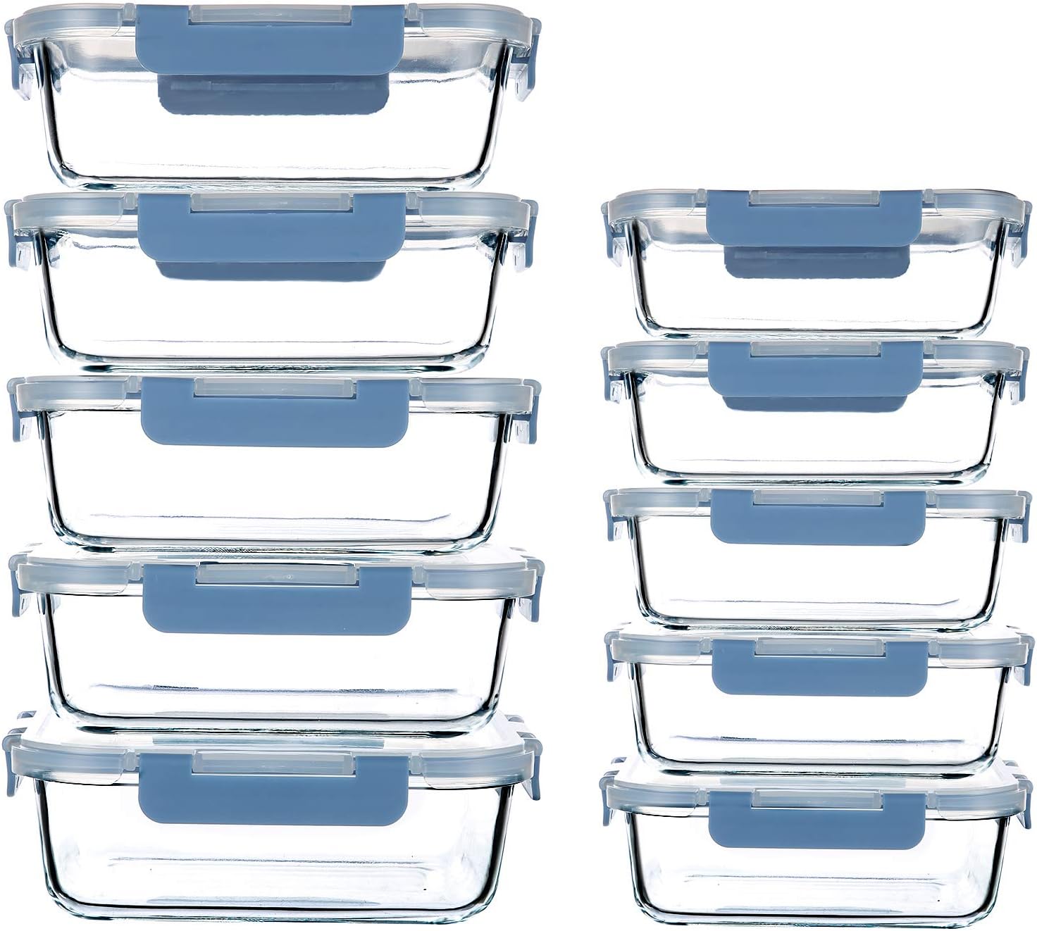 C CREST10-Pack Two Size(34 Oz,12 Oz) Lightweight Glass Food Container for Meal Prep,Durable Leakproof Lids Grey Blue Lunch Storage